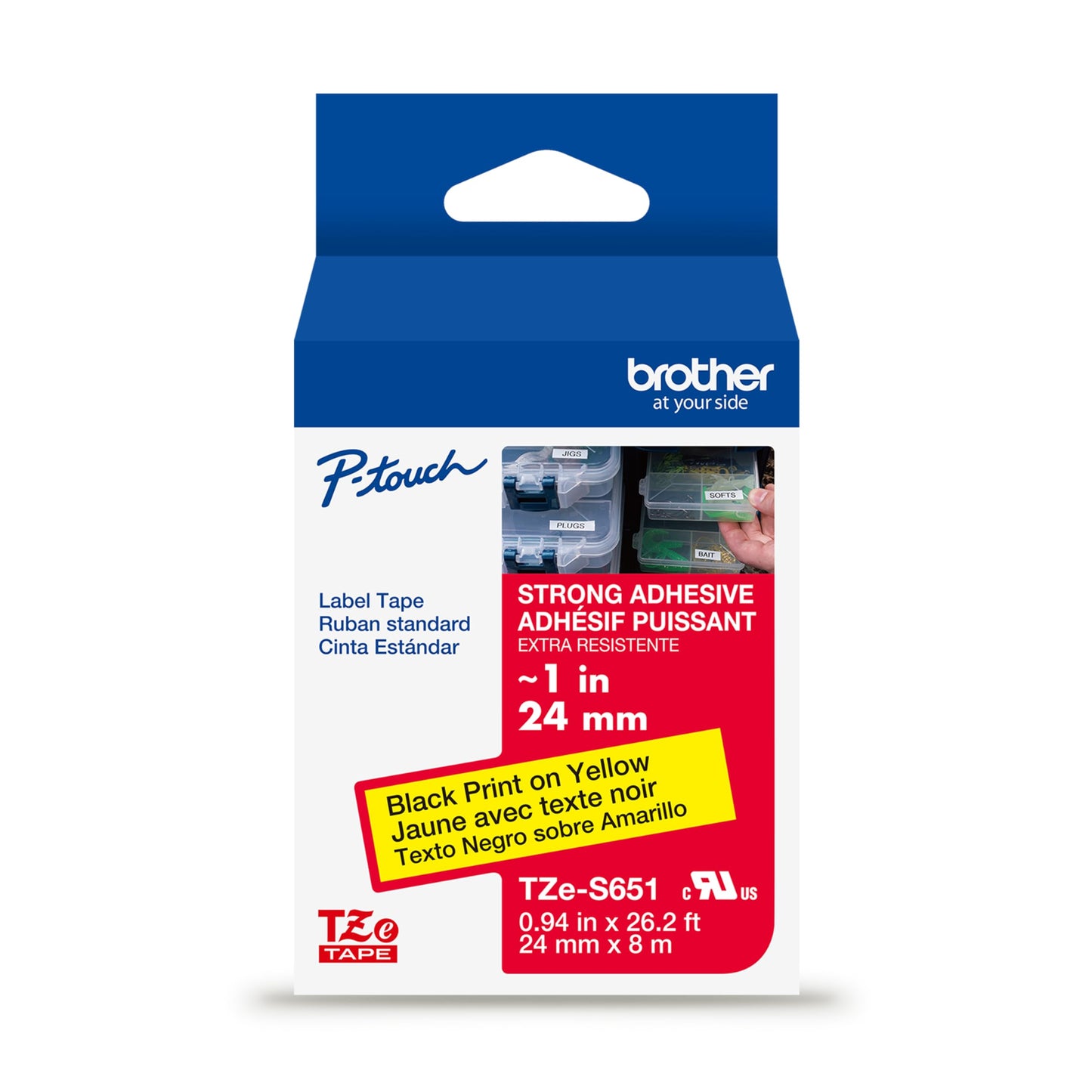 Brother Genuine P-Touch TZe Black Print on Yellow Label Tape (TZeS651), Strong Adhesive Laminated,1in x 26.2ft (24mm x 8m), for Select P-Touch Label Makers, Water-Resistant, Extra Strength