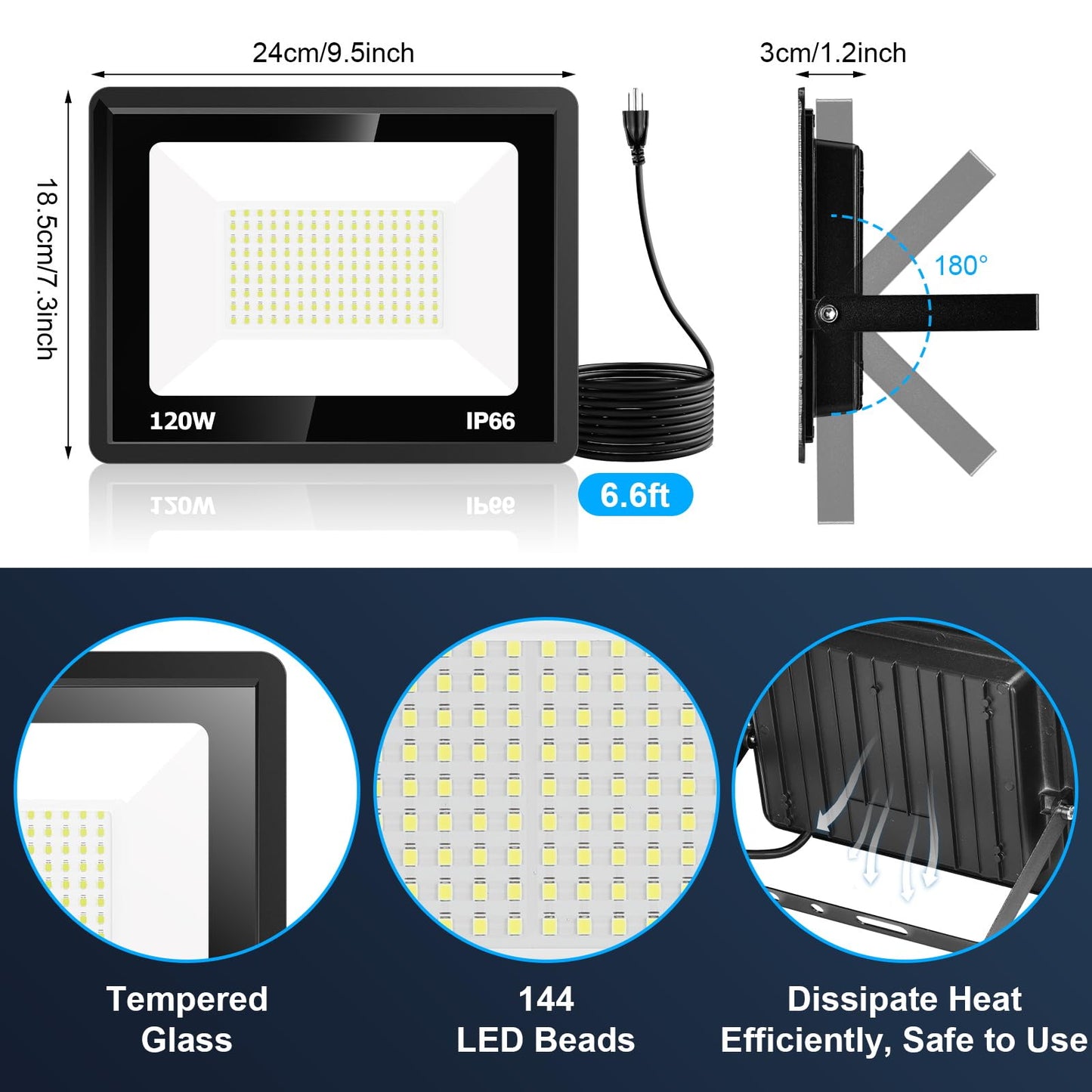QENLAI - 120W LED Flood Light with Plug, 14400Lm Super Bright Security Lights with 6.5ft Cord, Daylight White IP66 Waterproof Outdoor, Work Spotlight for