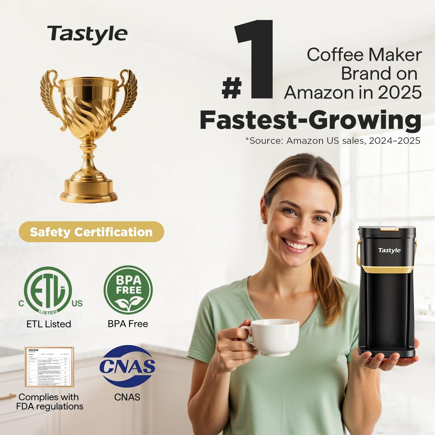 Tastyle Single Serve Mini Coffee Maker, for K Cups and Grounds, with Portable Handle, 6 to 12 Oz Brew Size, for Travel, Camping, Office, RV and Dorm, Black and Gold