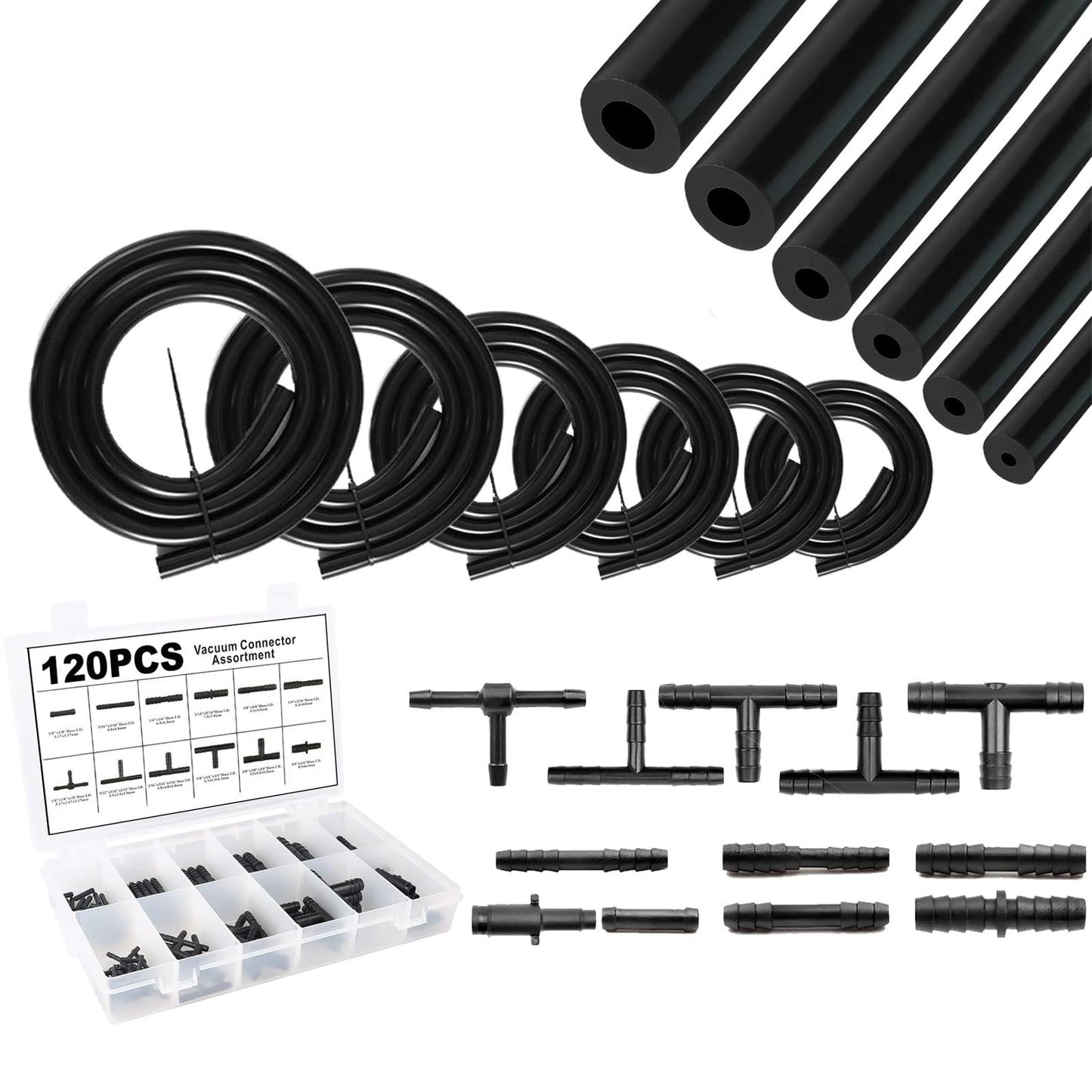 Silicone Vacuum Hose with 12 Sizes 120PCS Nylon Connector, 3/4/5/6/8/10mm ID,2M 6PSC 130PSI Silicone Vacuum Hose Kit for Automobile (3mm+4mm+5mm+6mm+8mm +0.39 4 in+connector)
