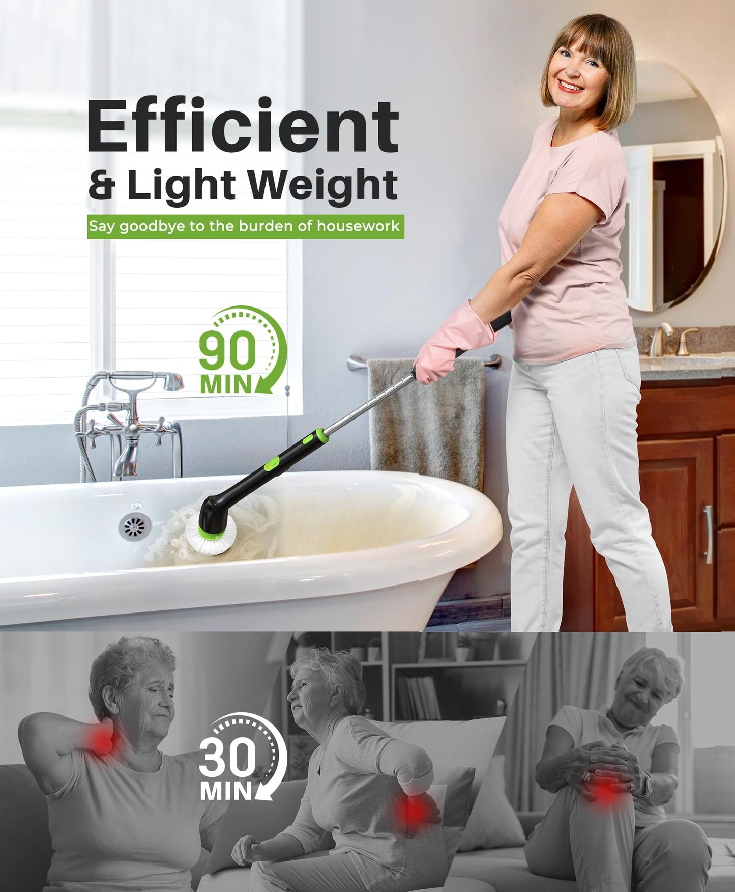 LyriFine Cordless Electric Spin Scrubber, 7 in 1 Shower Cleaner for More Use, Dual Speed & Detachable Long Handle, Electric Scrubber Cleaning, Waterproof Bathroom Scrubber Tub Tile Floor - Green