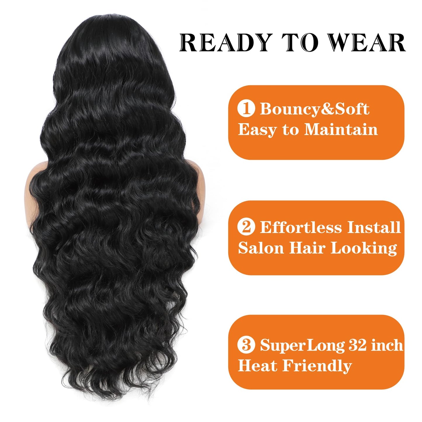 Yacurcur 13x6 Lace Frontal Wig Long Body Wave Wigs Pre-Plucked Hairline with Baby Hair Transparent Swiss Lace Heat Resistant Synthetic Hair Glueless Lace Front Wavy Wigs for Women 32 Inch (#Black)