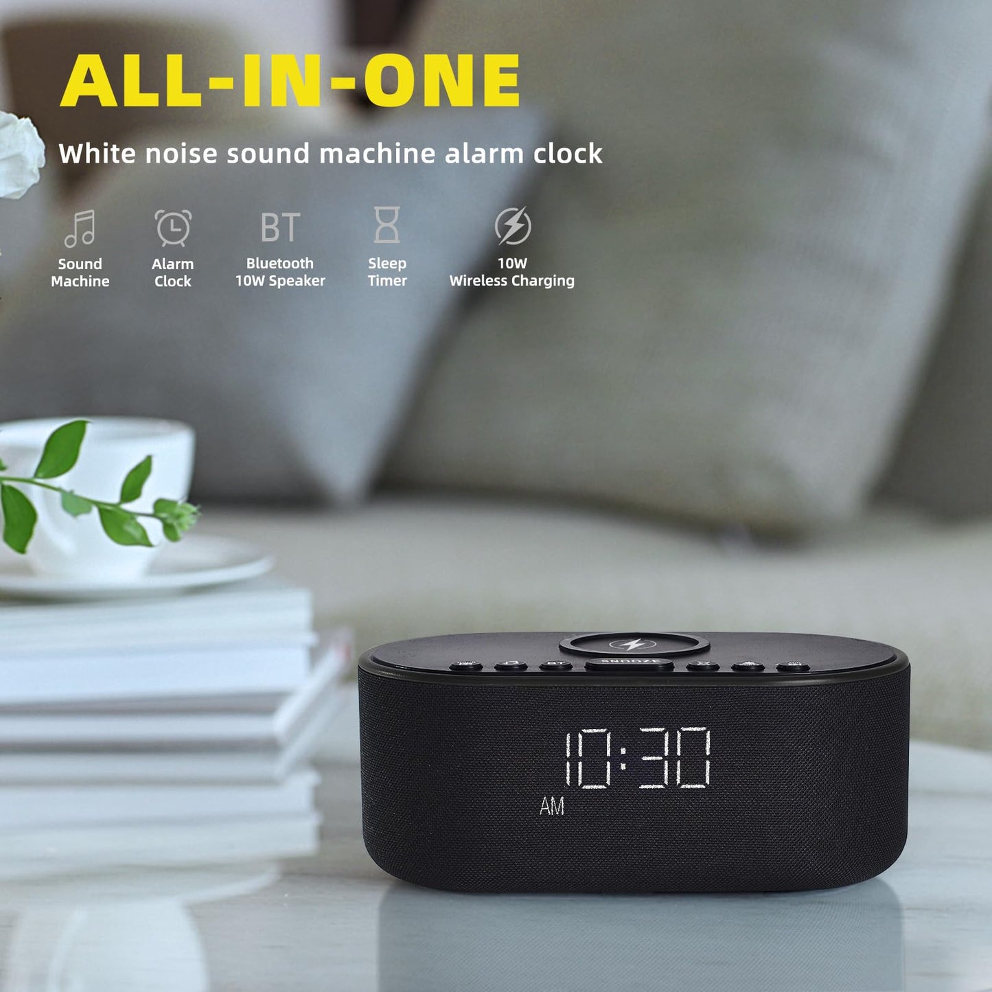 Odokee Sound Machine Alarm Clock for Bedrooms: Bluetooth 10W Stereo Sound Speaker with Wireless Charging - White Noise Machine for Sleeping with 21 Soothing Sounds - Black