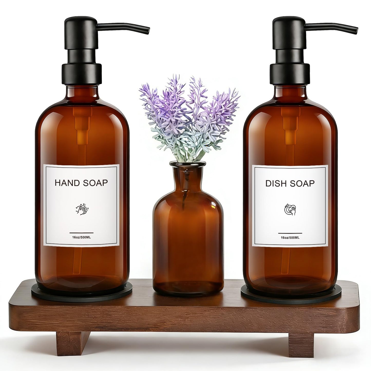 KEYWING Kitchen Soap Dispenser Set with Wood Tray, 16oz Amber Glass Soap Dispensers with Stainless Steel Pumps, Hand and Dish Soap Dispenser Set for Kitchen, Soap and Lotion Dispenser for Bathroom