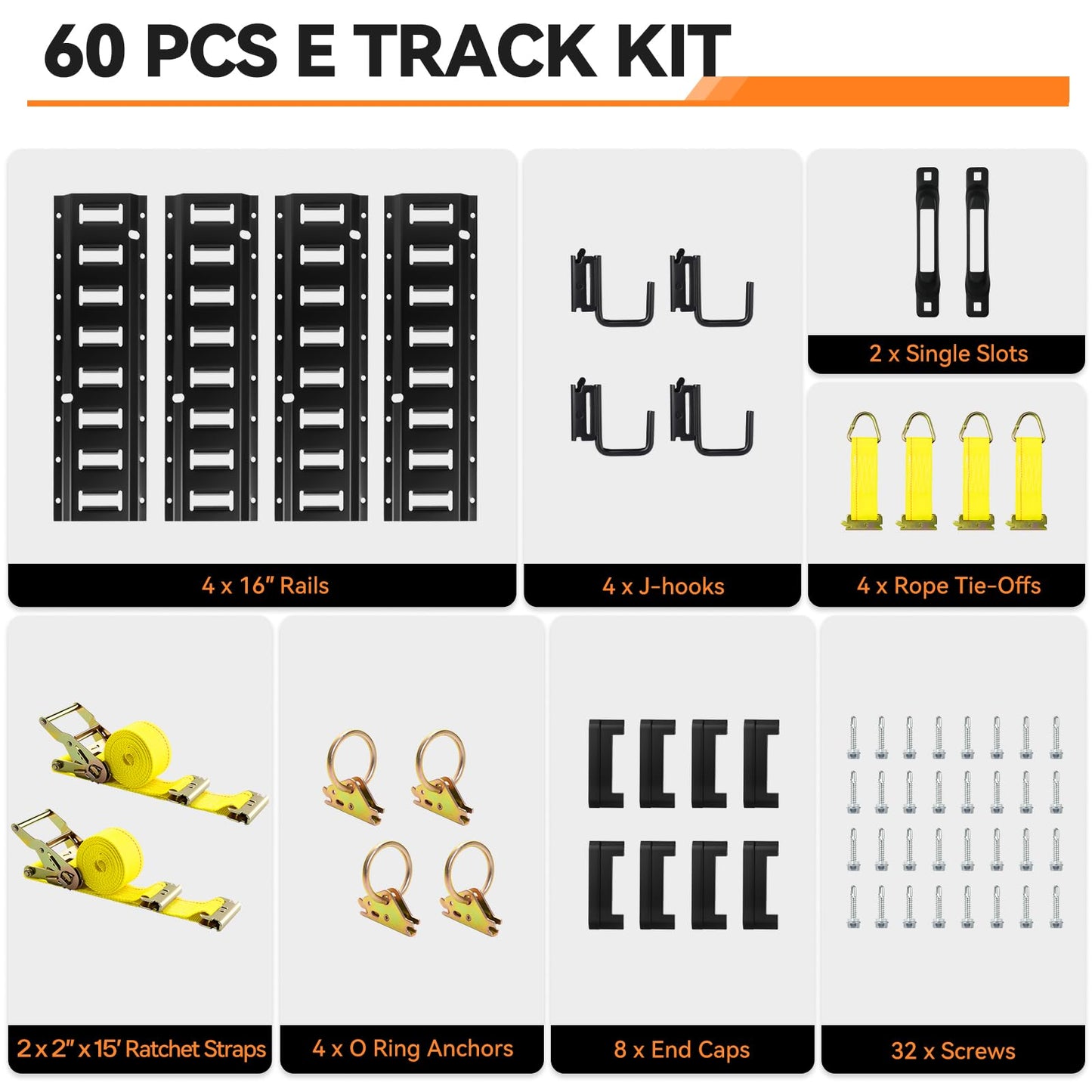 Elechomes E Track Tie-Down Rail Set: 4 Pack 16" E-Track Rails with 2 Ratchet Straps, 4 Rope Tie Offs, 4 O Rings, 4 J-Hooks, 2 Single Slot, 8 End Caps for Vans Trailers Motorcycles Garage Storage