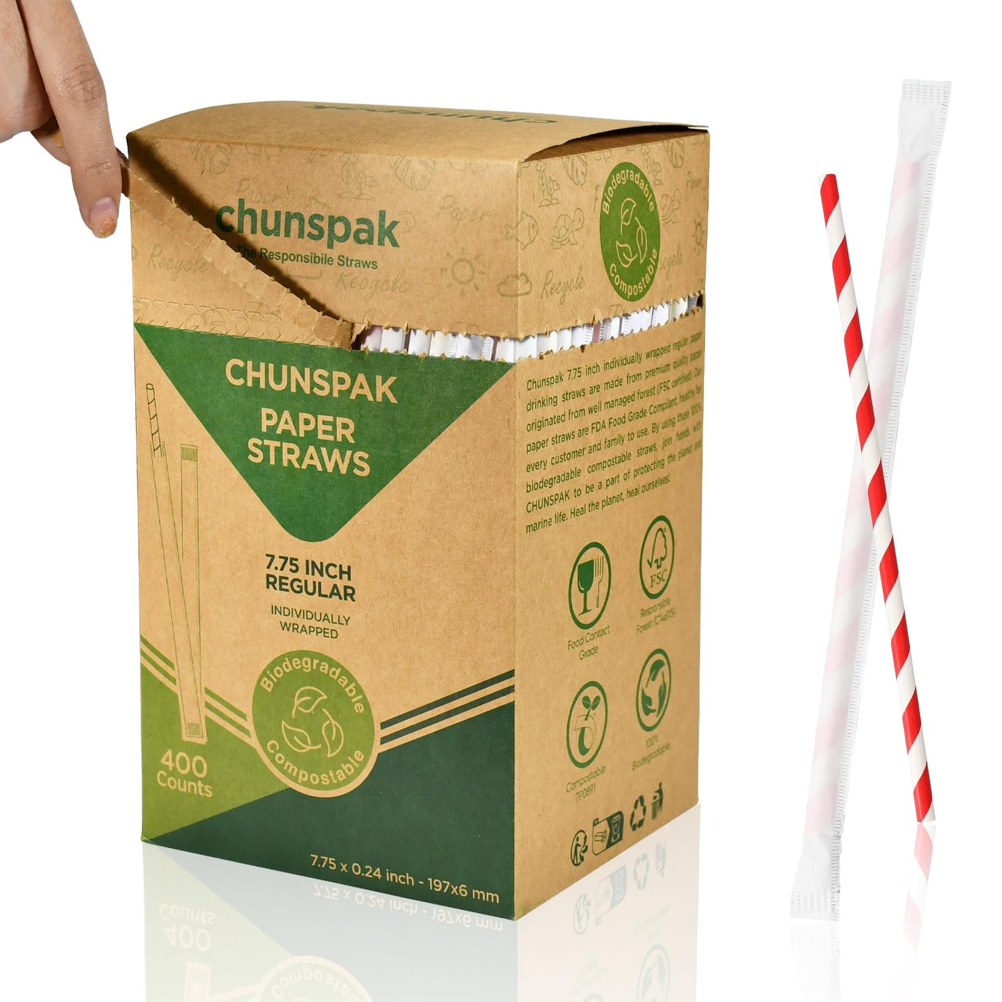 Chunspak Individually Wrapped Disposable Paper Drinking Straws 7.75'' x 0.24'' - Assorted Colors [400 Counts]