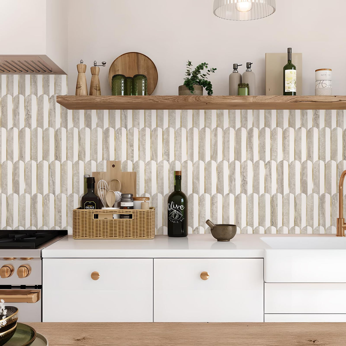 Vamos Peel and Stick Backsplash Seamless Tile for Kitchen and Bathroom,White and Beige Slate PVC Mixed Light Gold Self Adhesive Fish Scale Metal Mosaic Tiles (10 Sheets)