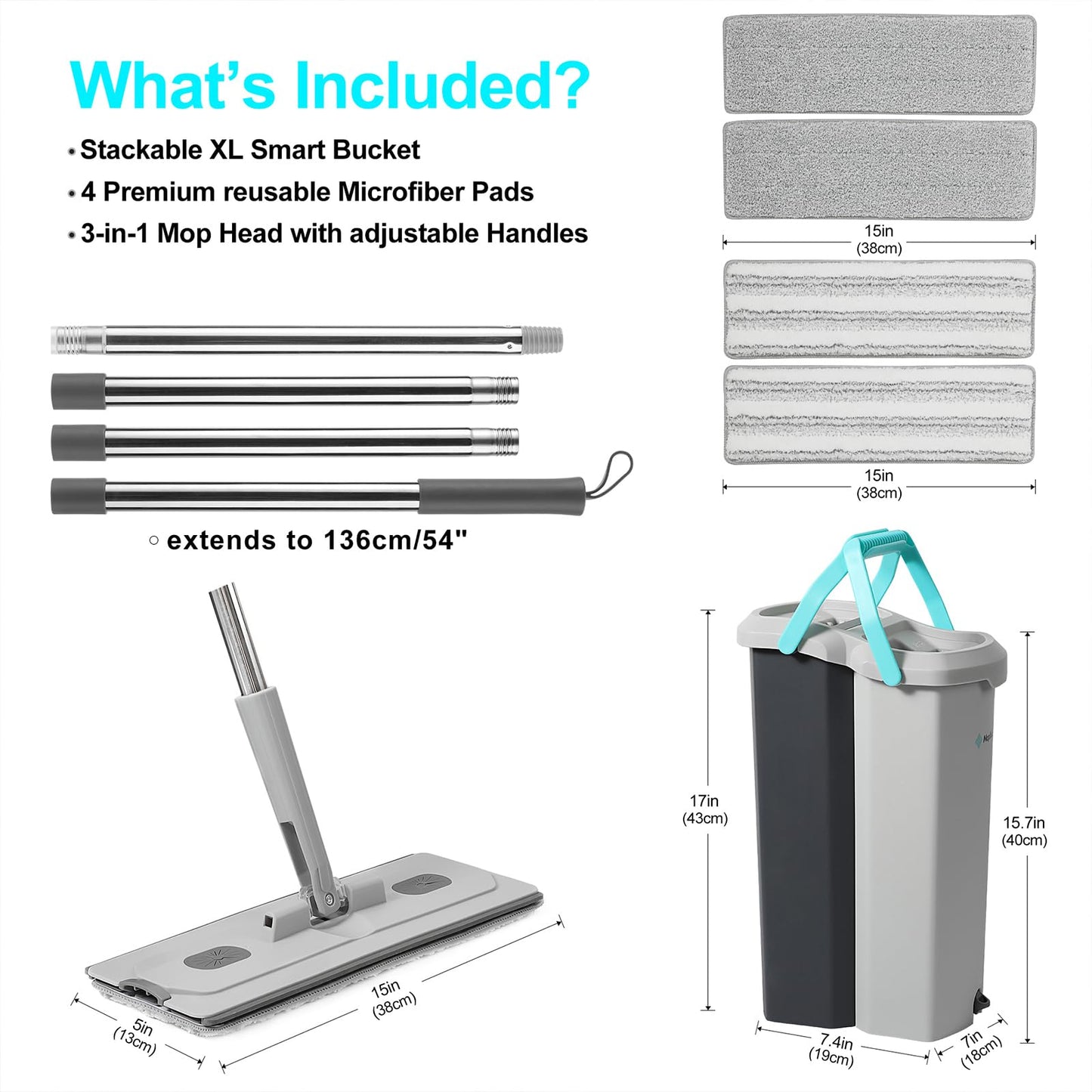 Mopficient 14L Dual-Chamber Flat Mop & Bucket Set, Clean & Dirty Water Separation, Hands-Free Self-Wringing, 15” Wide Head with EVA Squeegee, 4 Microfiber Pads, Stackable Design, Ergonomic