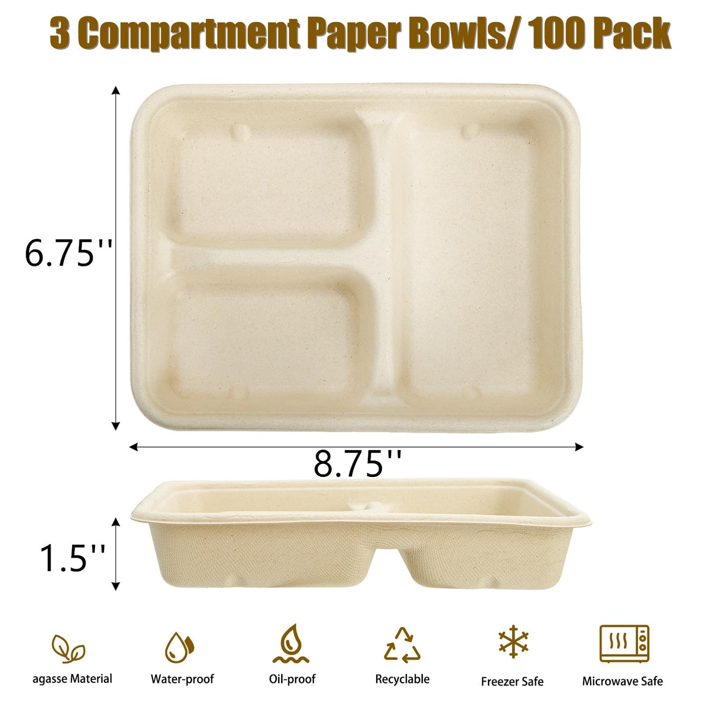 Yesland 100 Pack Compostable Paper Plates, Natural Sugarcane 3 Compartment Plate, Heavy Duty Lunch Tray, Disposable Divided Sectional Trays, Microwave Freezer Safe for Party School