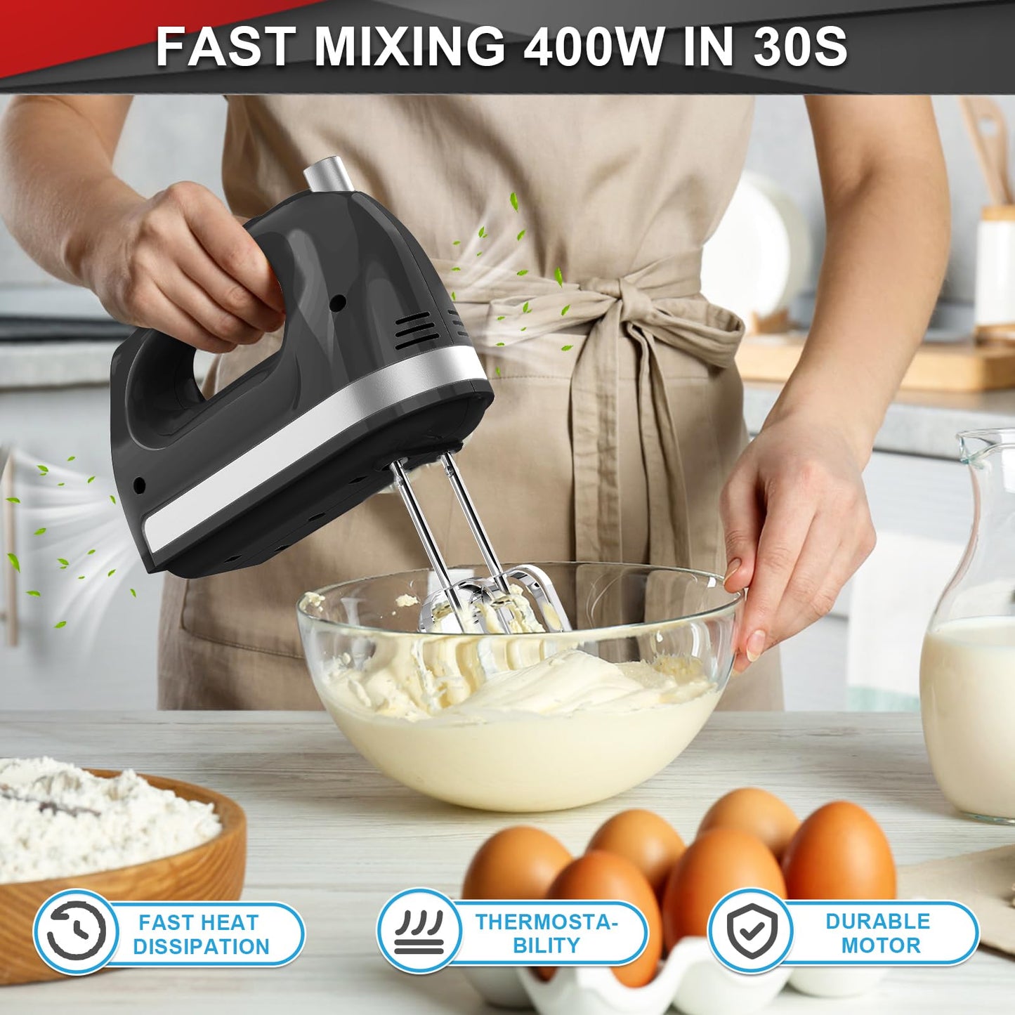 Lord Eagle Hand Mixer Electric Handheld 400W, 5-Speed Lightweight Kitchen Mixer with Storage Case, 5 Stainless Steel Attachments for Baking Cake Egg Cream Food Beater, Turbo+Eject Button, Black
