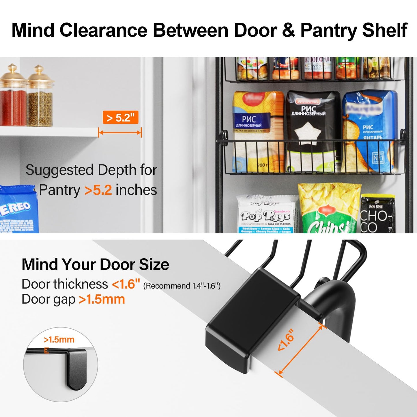 Delamu Over the Door Pantry Organizer, 6 Tier Pantry Organizers and Storage, Metal Cabinet Door Organizer, Hanging Spice Rack Shelves for Home & Kitchen, D4.65xW18xH50inch, Black