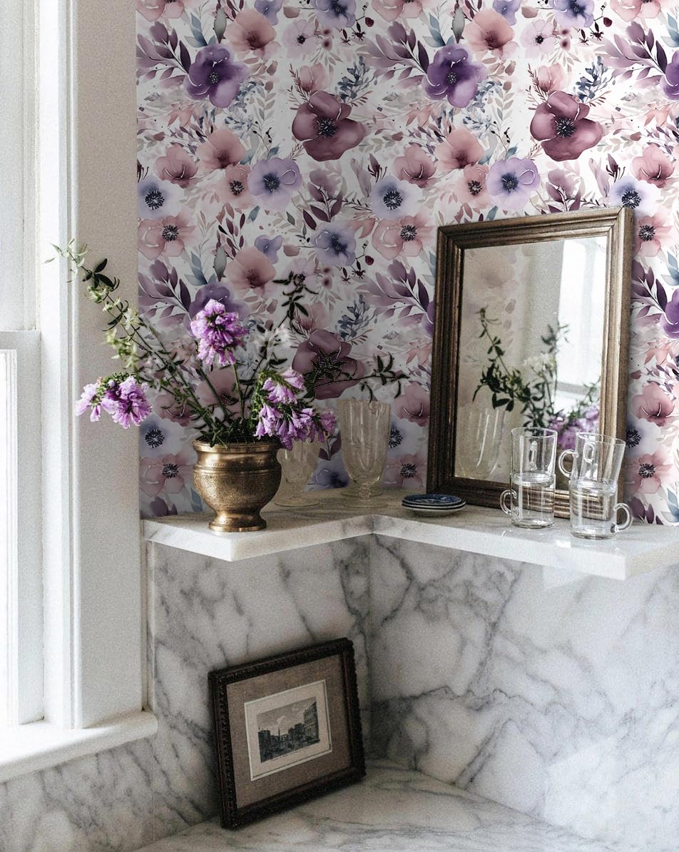 HAOKHOME Floral Peel and Stick Wallpaper Removable Wall Paper Mauve/Purple/White Vinyl Stick on Wall Contact Paper 44.5cm x 3m