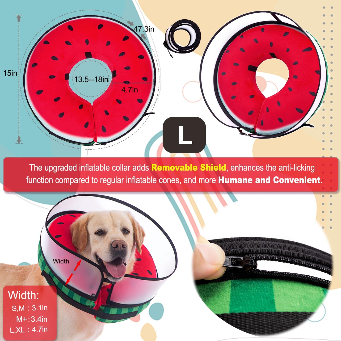 Inflatable Dog Cone Collar with Enhanced Anti-Licking, Soft Neck Donut for Dogs Cats, Recovery Pet Cone Collar After Surgery for Large Medium Small Dogs (Red, L)