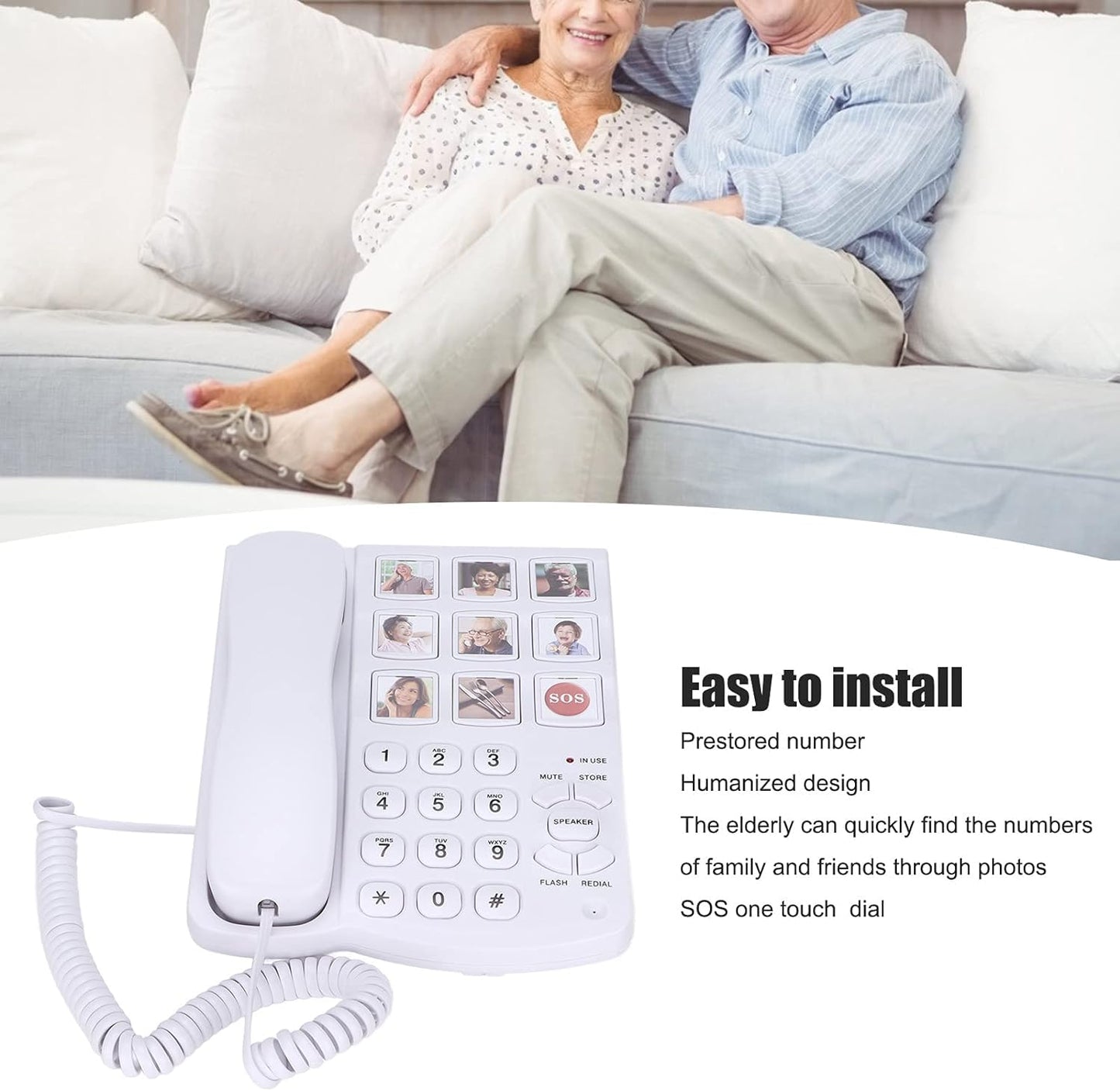 Corded Landline Phone for Seniors, Photo Memory One-Touch Speed Dial, SOS Button, Loud Amplified Ringer, Big Button Desk & Wall Telephone for Elderly with Dementia & Alzheimer, No Wi-Fi Needed (White)
