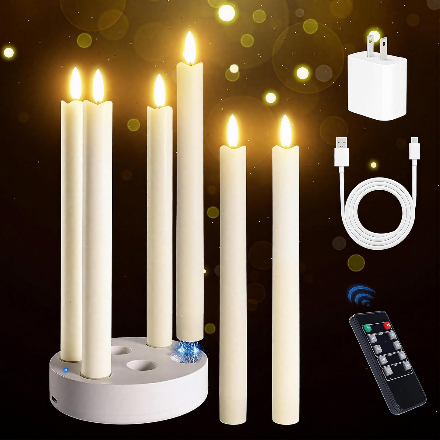 Rechargeable Flameless Taper Candles, 6 Pcs Real Wax Rechargeable LED Candles Flickering with Remote Timer and Charging Station, Battery Operated Candlesticks for Christmas Wedding Party Home Decor