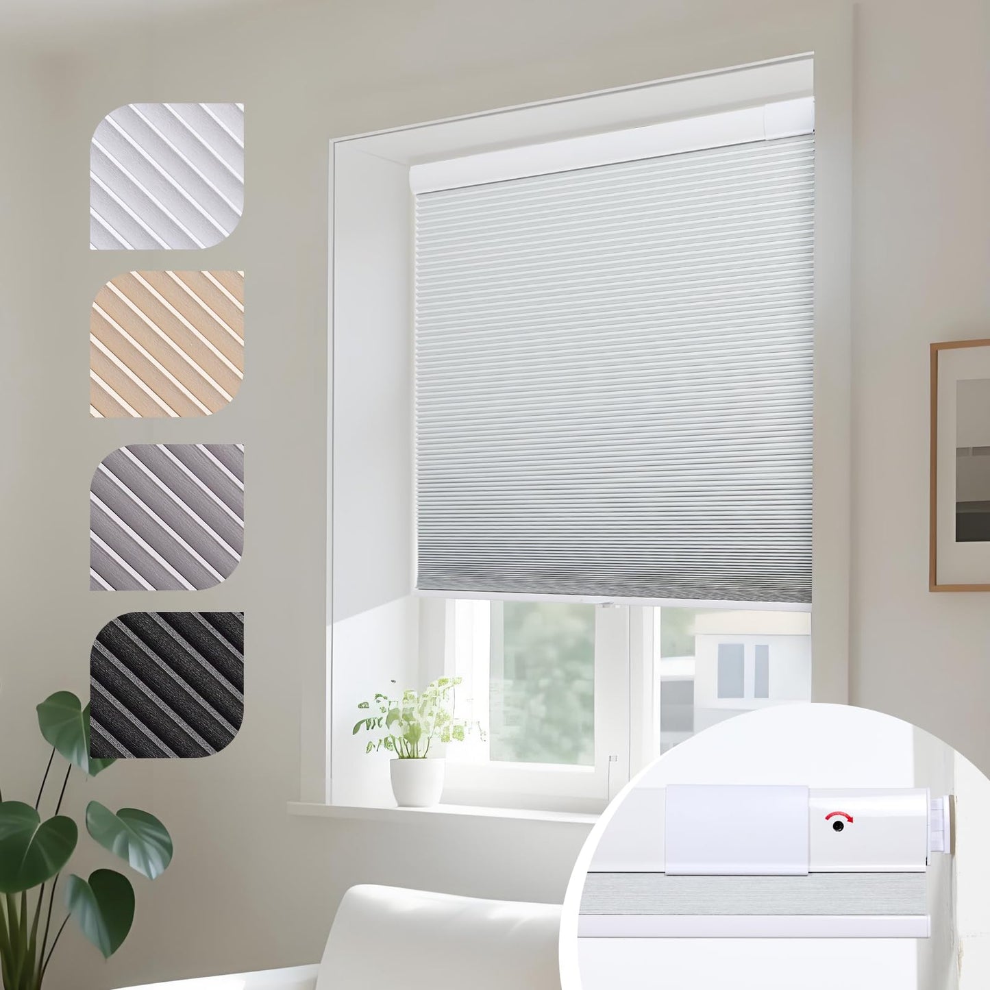 Persilux No Drill No Tools Blackout Cellular Shades for Windows, Cordless Honeycomb Blinds, UV Protection Energy Saving Pleated Blinds for Indoor Windows, White, 22" W x 64" H