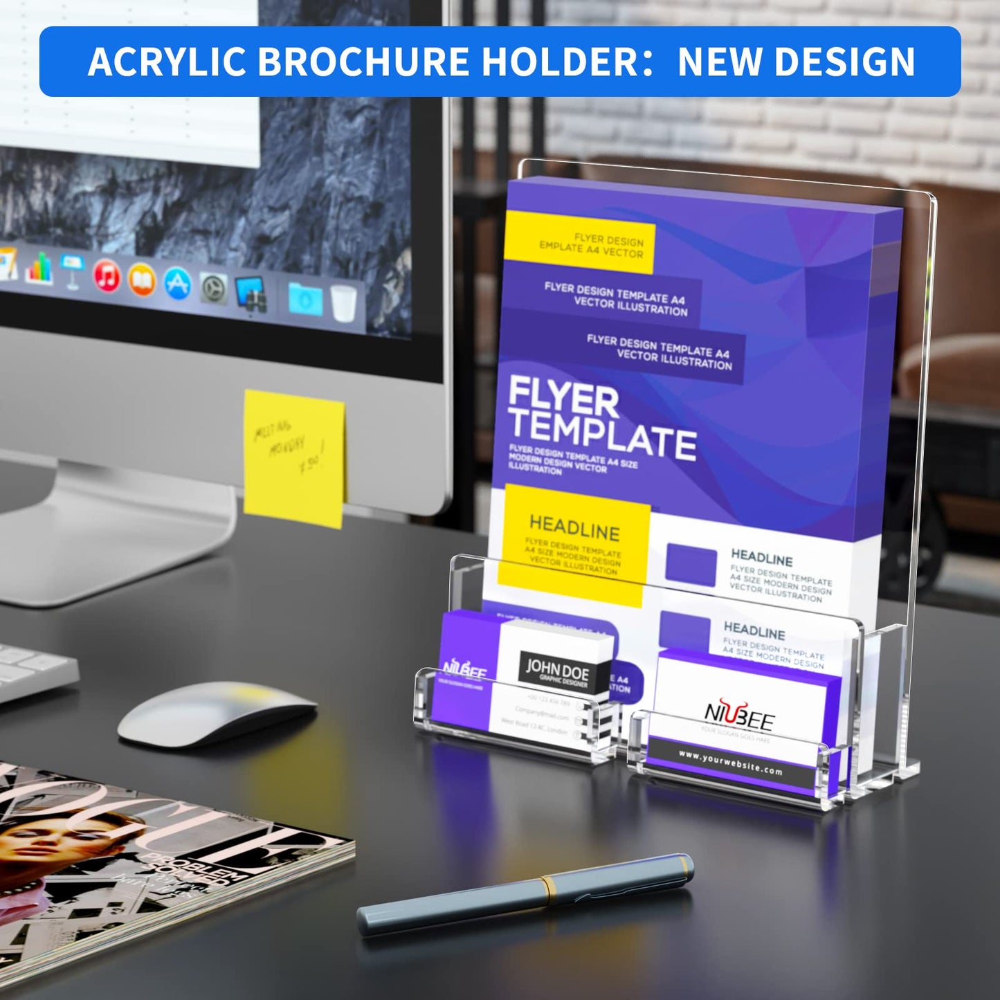 NIUBEE 2-Pack Acrylic Brochure Holder 8.5*11 inches , Clear Brochure Display Stand with Acrylic Business Card Holder, Plastic Flyer Display Stand for Magazine, Pamphlet, Booklets, Menu, Journals