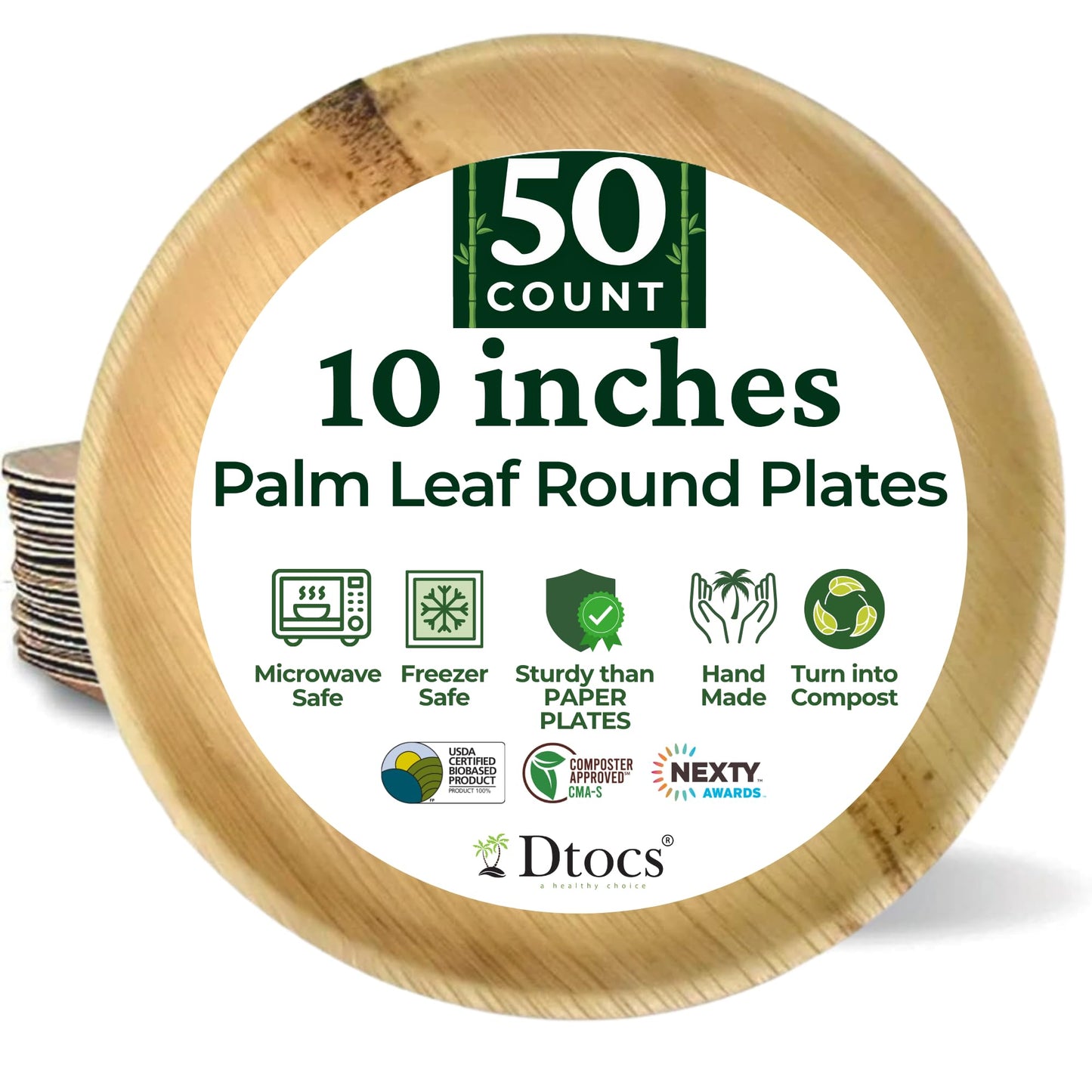 Dtocs Round Palm Leaf Disposable Plates 10 Inch (50 Pcs) | Heavy Duty Dinner Plates, Charcuterie Boards | Premium Wooden Bamboo Look Party Plate Set for Catering, Wedding | Alt to Paper Plates 10 Inch