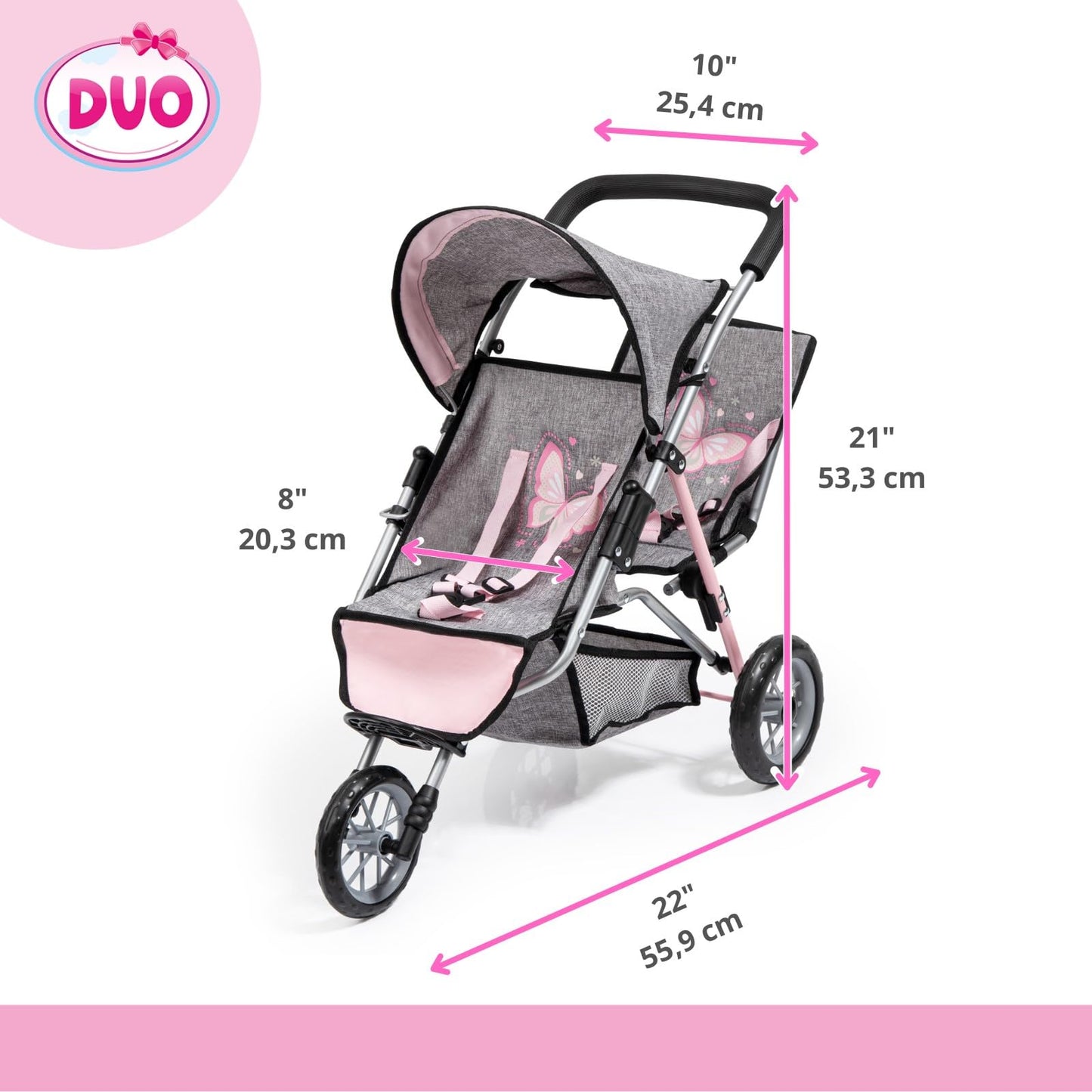 Bayer Design - Twin Dolls Pram Duo Grey Pink Butterfly - Double Stroller for Dolls, Sun Canopy, Security Belt - Dolls Up to 18” - Age 3+ - 39133AA