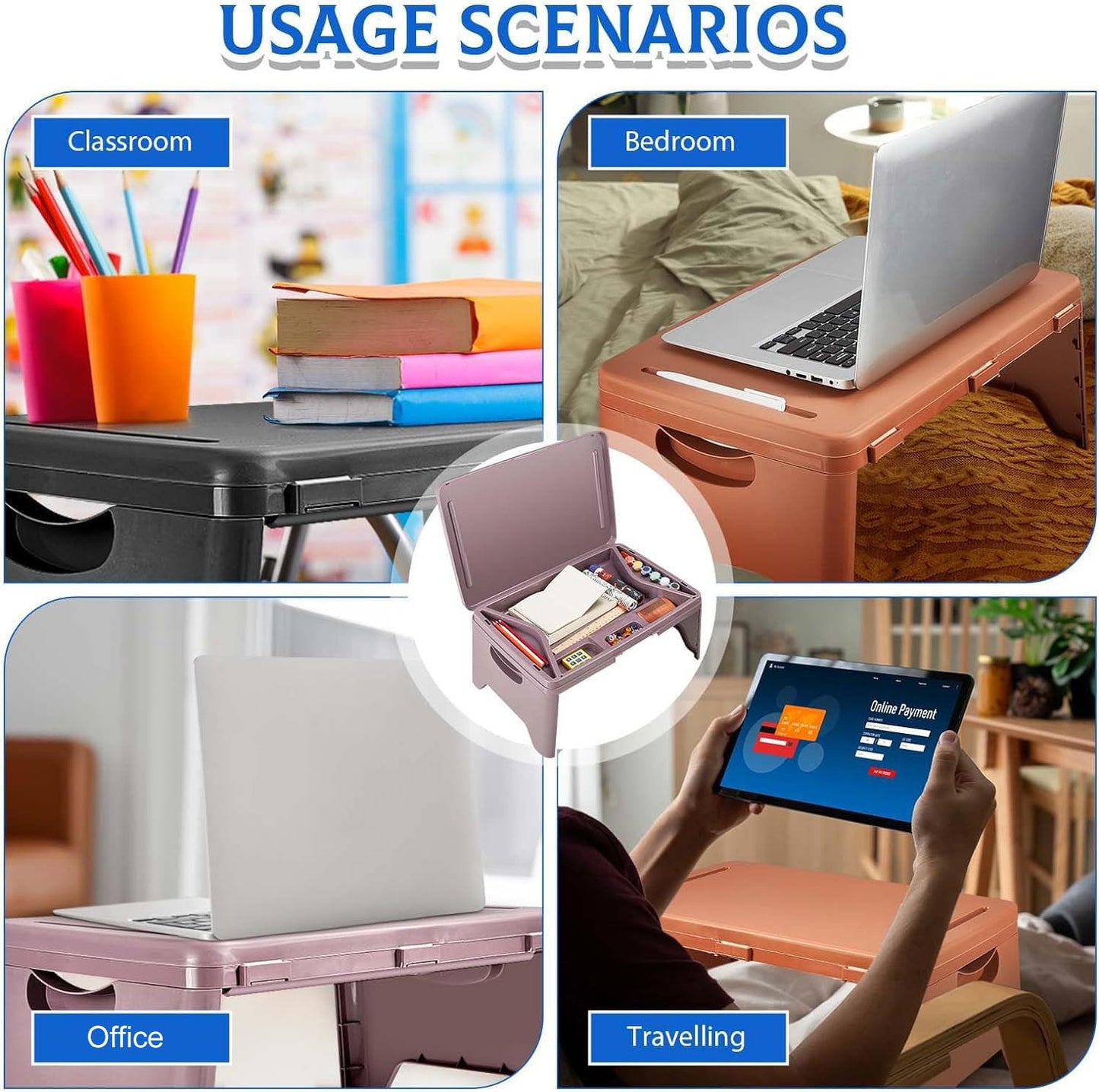 Tlingsd Folding Lap Desk for Bed with Compartments Storage Pocket,Color Foldable Laptop Table for Children's Activities,Bed Desk,Laptop Desk, Breakfast Table, Bed Table, Serving Tray (Purple)