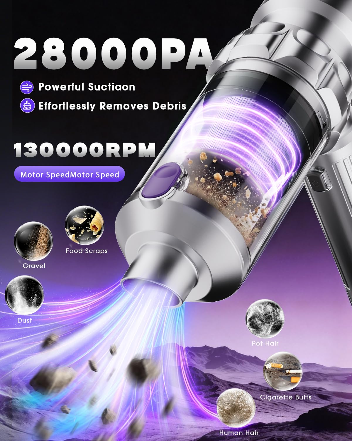 Handheld Car Vacuum Cleaner Portable Cordless Powerful 28000PA Strong Suction 4 in 1 Mini Rechargeable Lightweight Hand Held Car Vacuum with Brushless motor for Cars Home Pet Gift for women men Purple