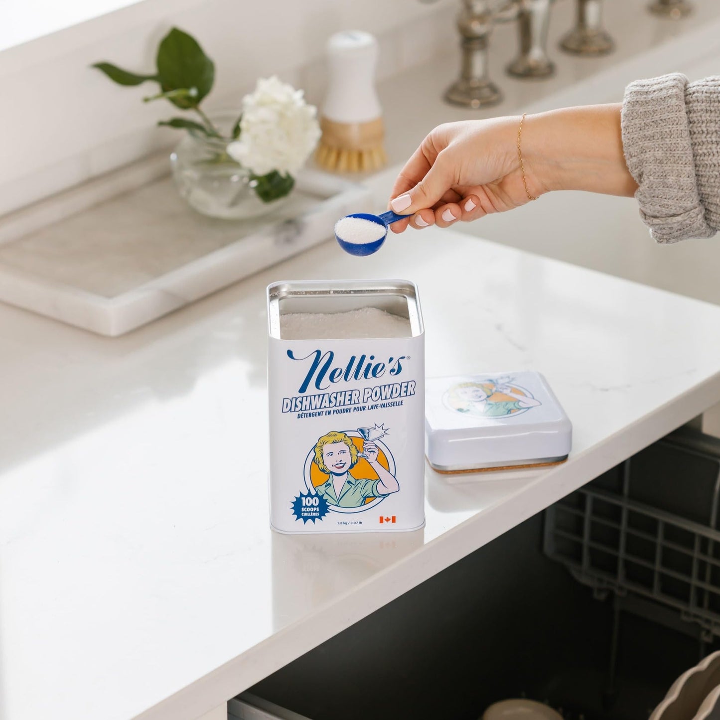 Nellie's Dishwasher Powder Bundle - 50 Scoops (Pouch) & 100 Scoops (Tin) - Powerful Grease-Busting Formula for Spotless, Shiny Dishes Every Time - Made in Canada