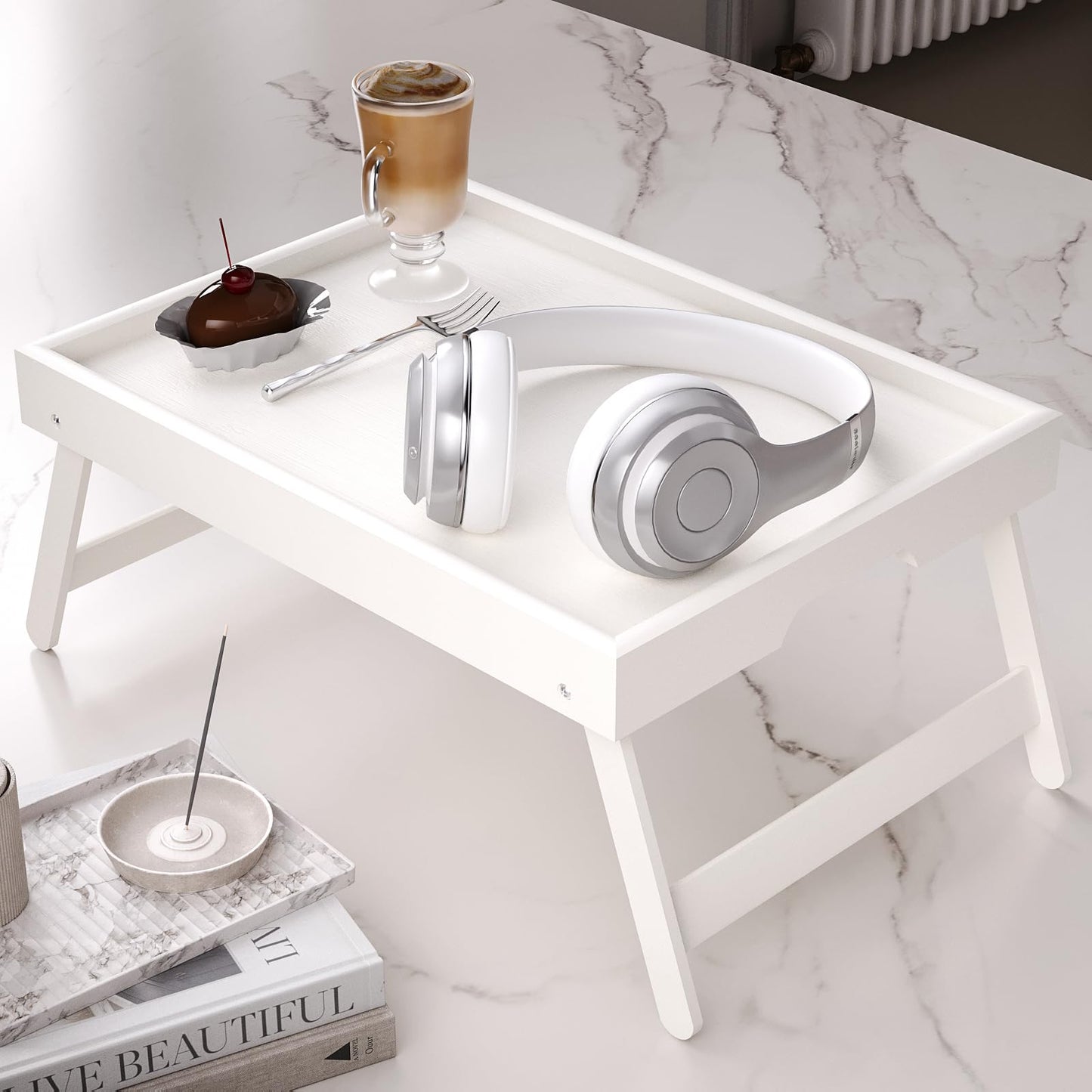 Bamboo Bed Table Tray with Foldable Legs, Large Breakfast Bed Tray with Handles for Food, Snack Small Laptop (White)