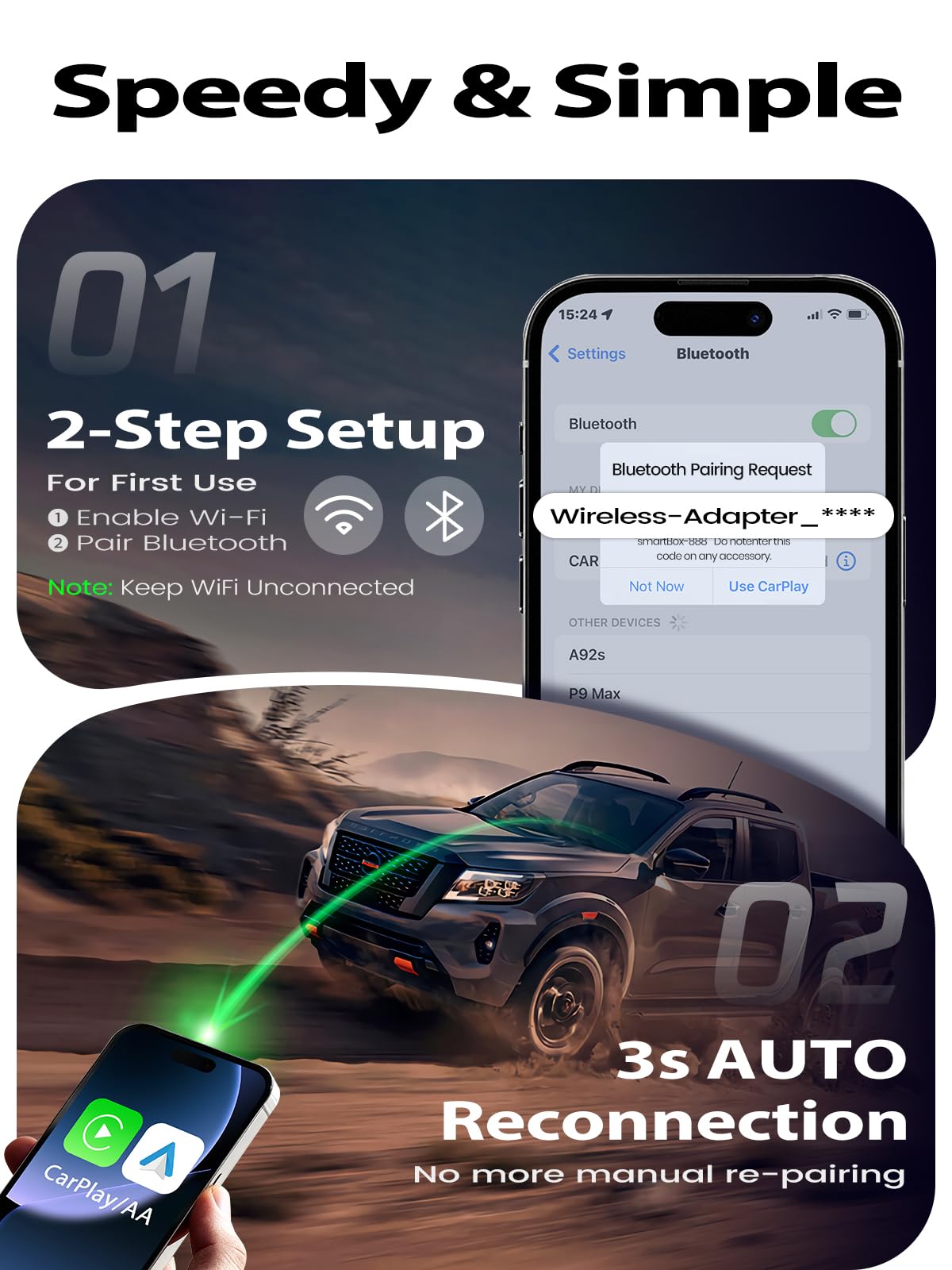 Wireless CarPlay Adapter for Apple iPhone, One-Click User Switch, Fast & Stable, Converts Wired to Wireless, for in-Dash Car GPS/Stereo with Built-in Wired CarPlay & Android Auto, Vehicles 2016+ Grey