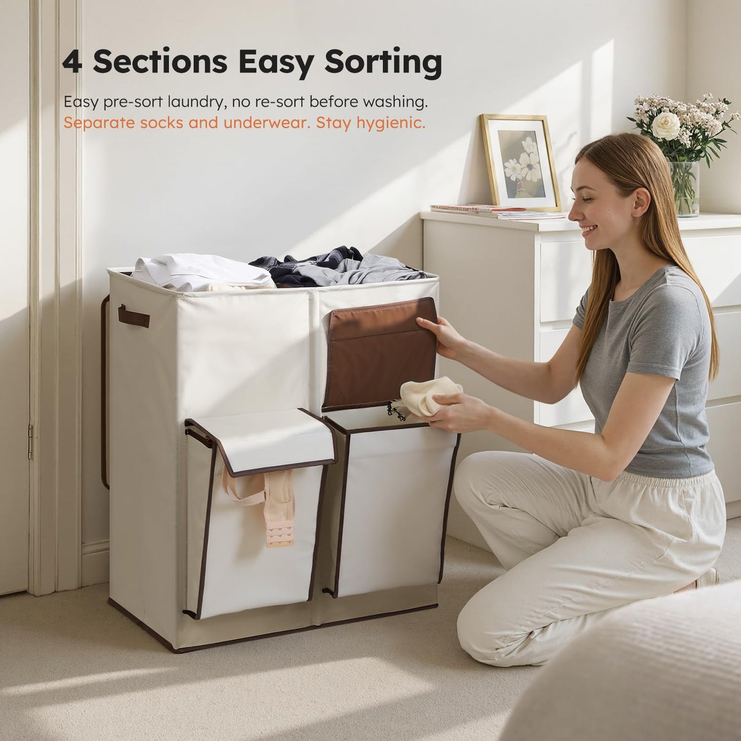 SOLEDI 180L 4-Section Laundry Hamper with Lid,Dirty Clothes Hamper with Removable Bag,Large Laundry Basket 2 Section with 2 Side Pockets,Collapsible,Easy to Carry,for Laundry Room,Bedroom,Light Beige