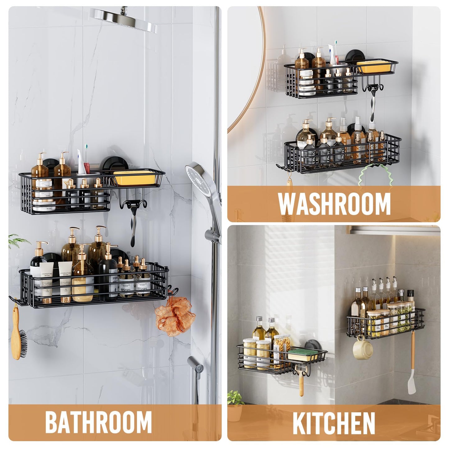 LEVERLOC Shower Caddy Suction Cup, 2 Pack Shower Shelf with Hooks and Soap Holder, NO-Drilling Bathroom Organizer, Rustproof Metal Bathroom Storage and Organization - Black