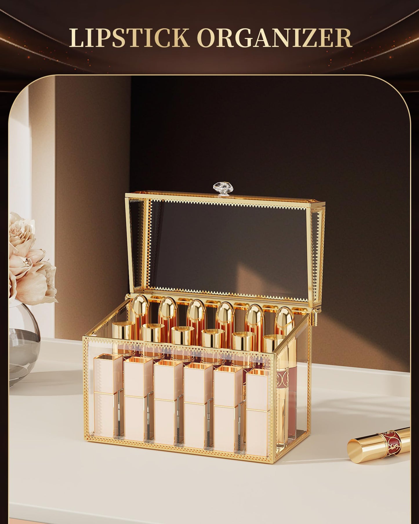 CoralHouse Lipstick Organizer - Luxury Tempered Glass Lipstick Holder & Nail Polish Organizer, 18-Slot Vanity Cosmetic Organizer with Removable Dividers, Gold