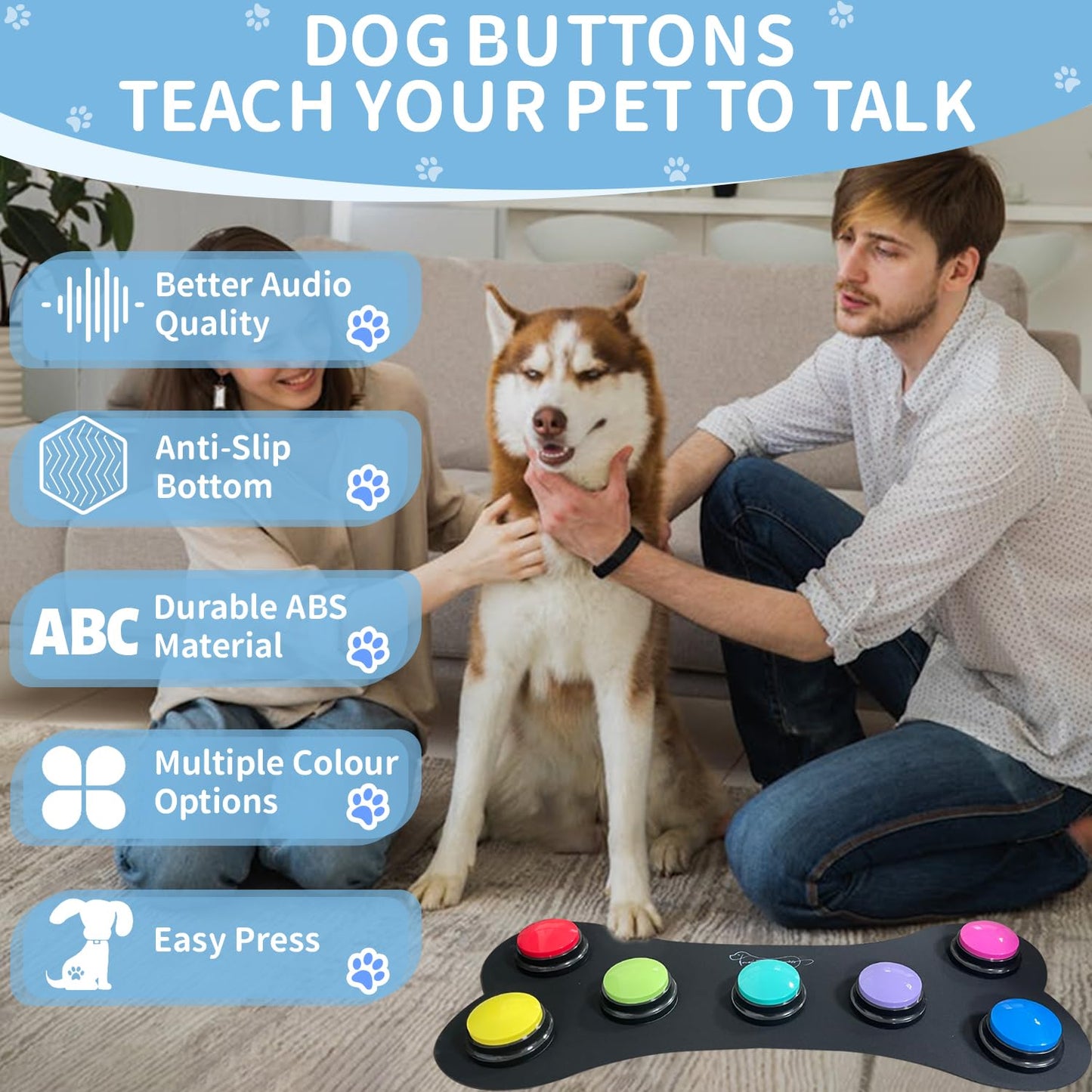 BOSKEY Set of 7 Dog Buttons for Communication Words 30-Second HD Recording Button Recordable Buttons - Waterproof Pads and 50 Stickers Train Your Dog to Voice What They Need