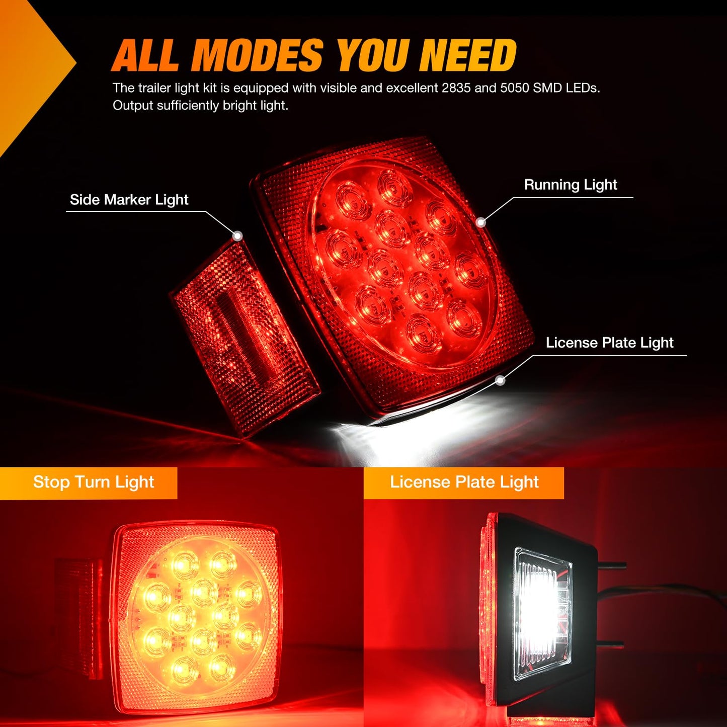Nilight LED Trailer Light Kit 2 PCS Square Stop Turn Tail Side Marker Lights Steel Mounting Box License Plate Bracket Submersible IP68 For 12V Utility Boat Camper RV Truck