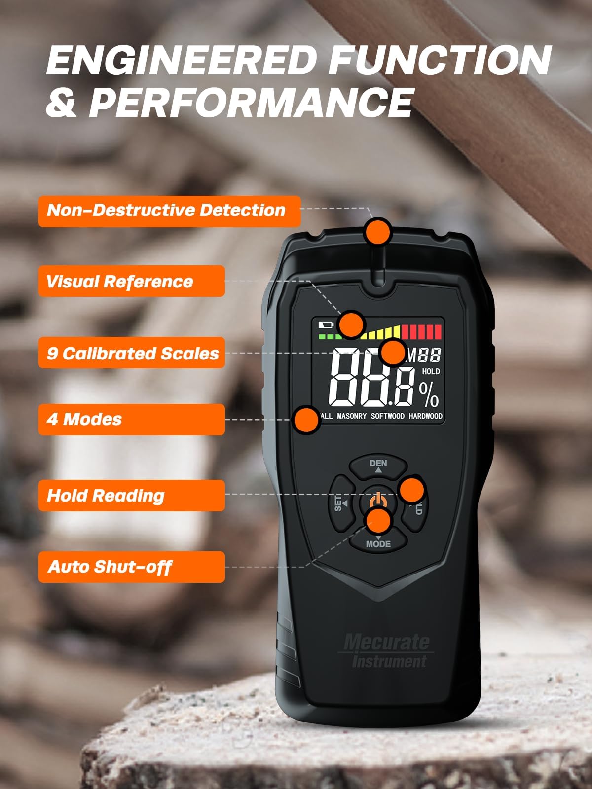 Pinless Moisture Meter, Moisture Detector for Walls, Caravan, Wood and Building Material, 4 Mode 9 Density Settings, Non-Destructive Moisture Detector with Backlit LCD and Alerts
