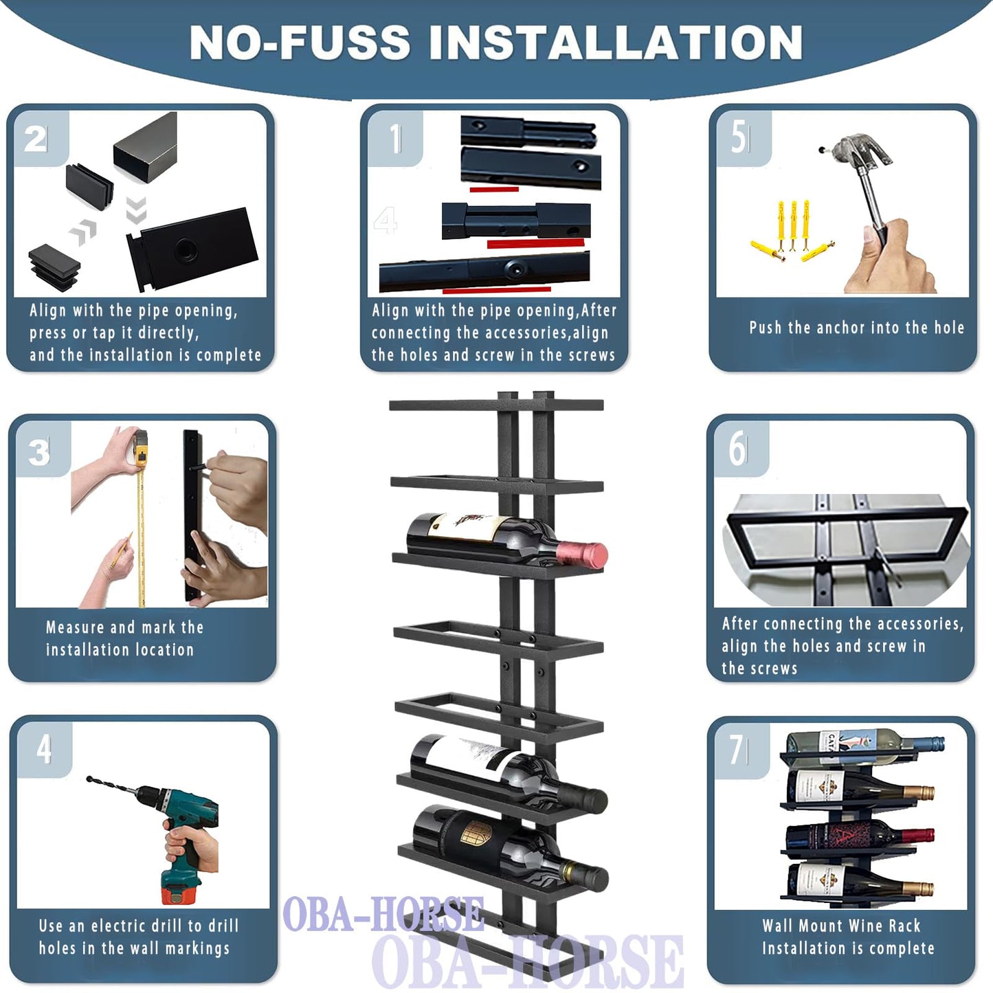 Wall Mount Wine Rack, Detachable Wall Mounted Wine，Wall Racks for Wine Bottles Display and Storage, Hanging Bottle Organizer for Living Room, Dining Room, Wine Cellar, Bar (8 Tier Classic Black)