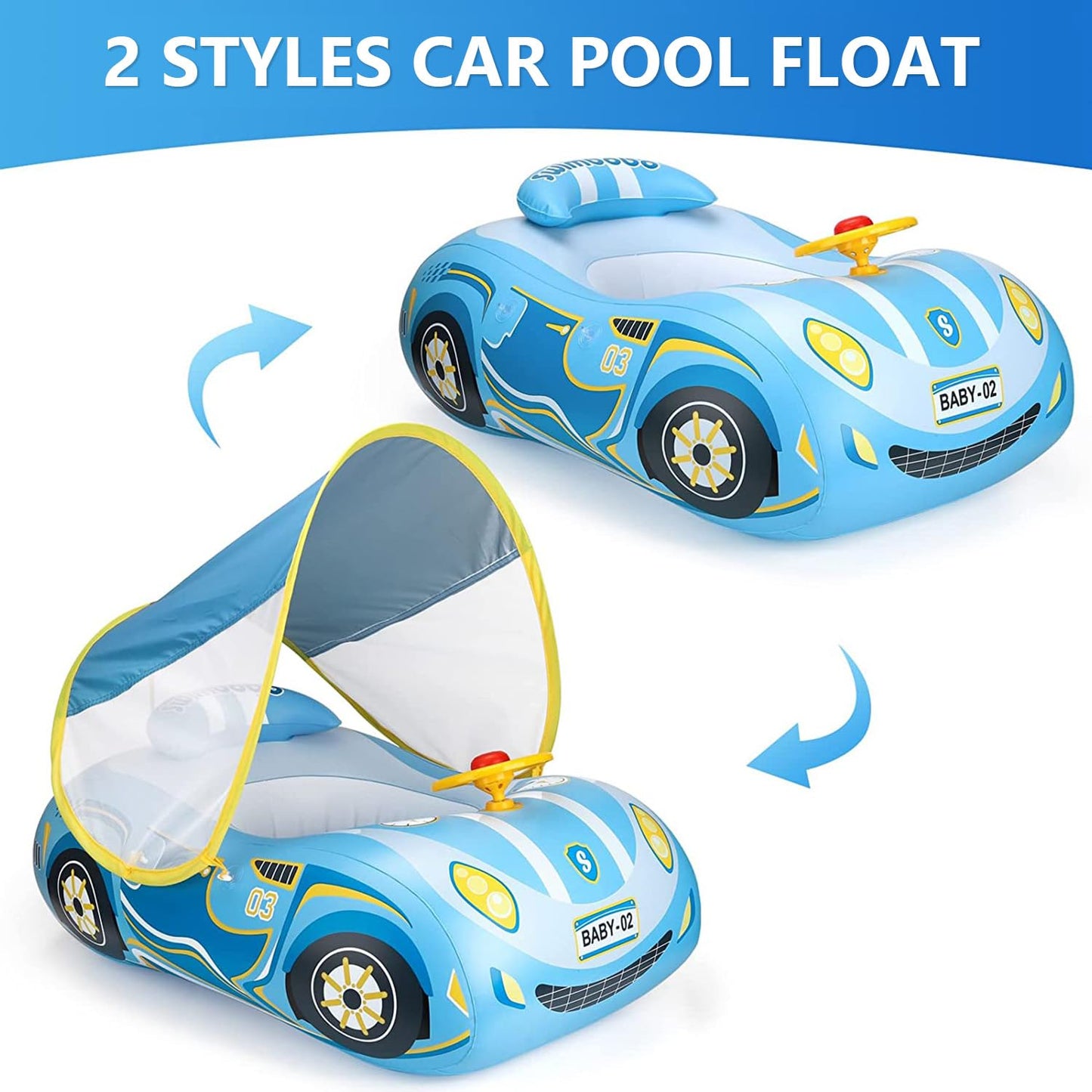 Baby Pool Float with Canopy, PVC Baby Swim Float with Sun Shade Cover, 3D Car Toddler Pool Float Swimming Floats Seat Boat for 12-18, 12-24 Months, Age 2-3, 1-4 Years (Blue Canopy)