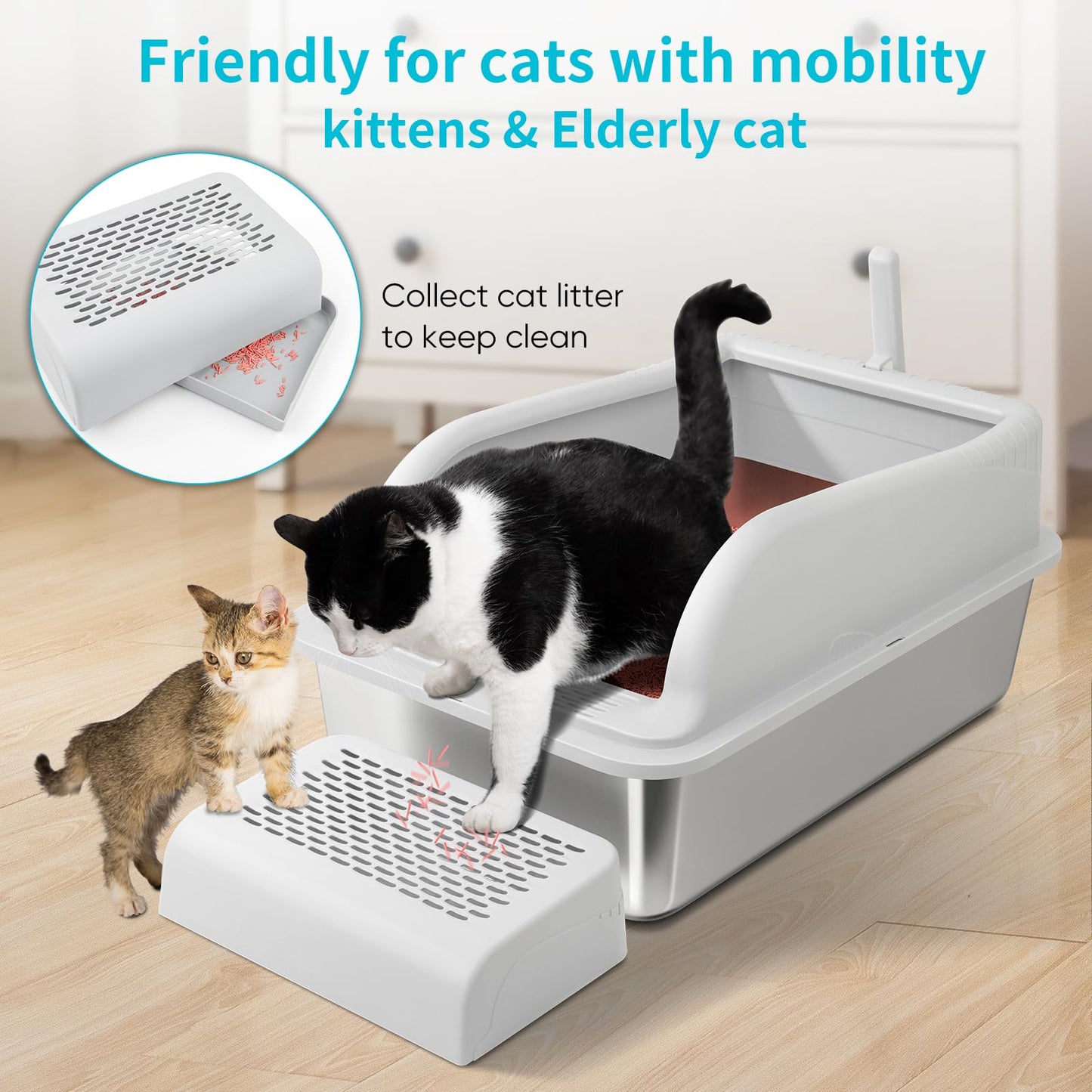 Stainless Steel Cat Litter Box with Lid, Extra Large Metal Litter Boxes for Big Cats & Kitten, XL High Sided Litter Box,Odorless,Non-Stick,Easy Cleaning, Step & Scoop Included