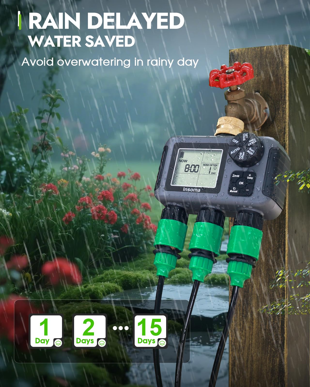 Insoma 3-Zone Water Timer Brass Inlet, Outdoor Sprinkler Timer + Waterproof IPX5, Programmable Automatic/Manual Watering, Rain Delay & Large Display, Suitable for Garden, Lawn, Yard Water Hoses