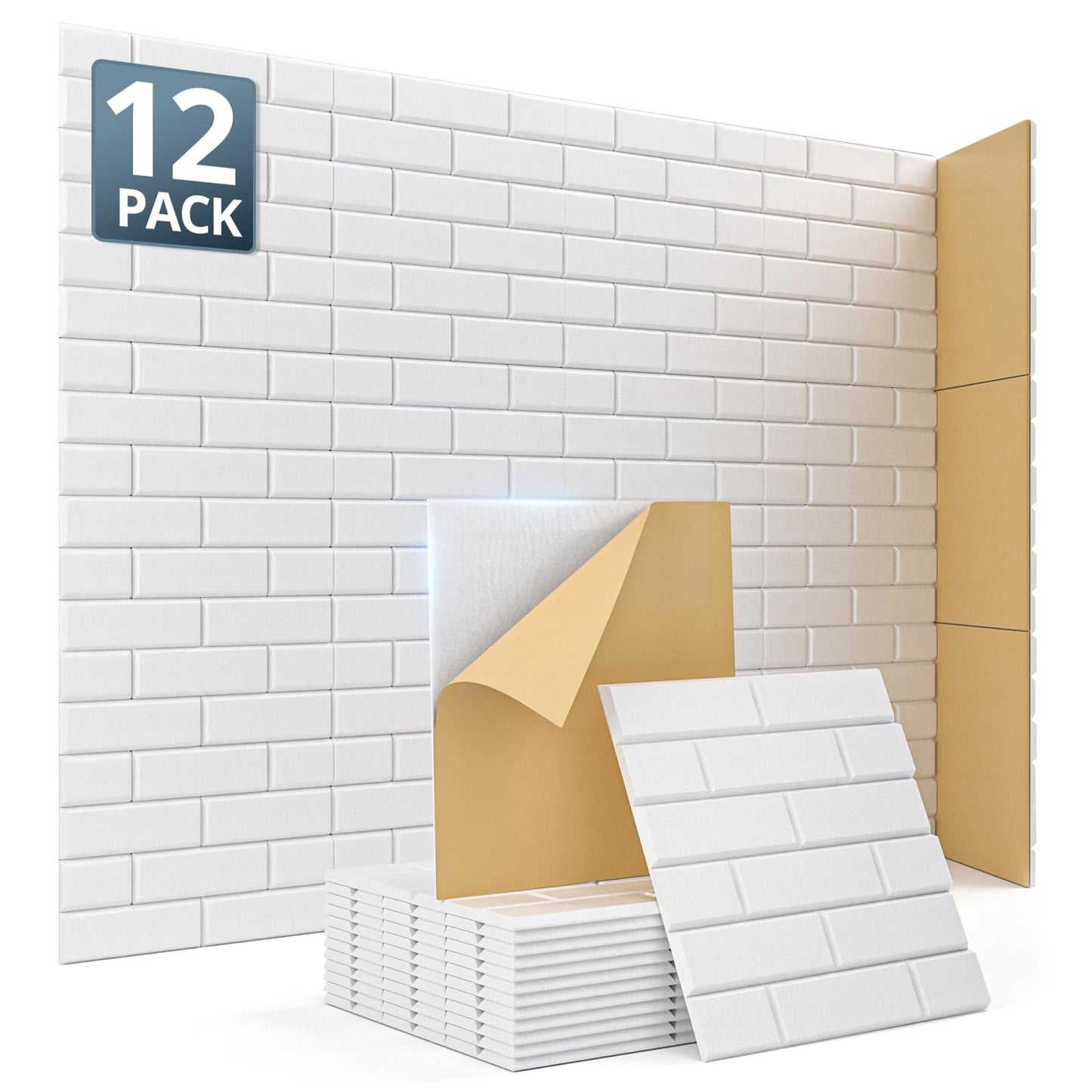 Kuchoow Acoustic Wall Panels Brick Pattern Self Adhesive Decorative Sound Absorbing Panel for Ceiling, Door, 12 Pack White Art Tiles for Recording Studio, Gaming Room, 12"x12"x0.4"