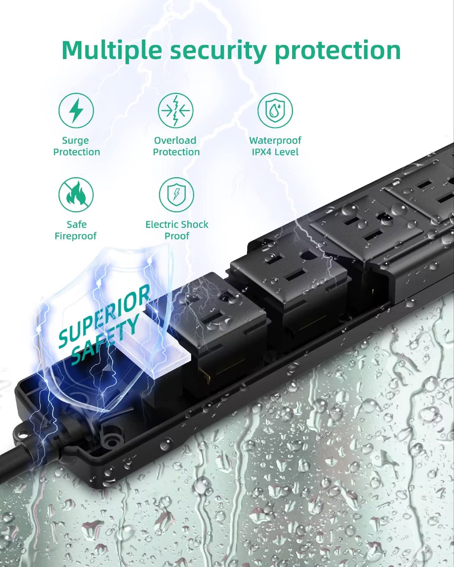 Outdoor Power Bar Waterproof, Weatherproof Surge Protector 6 Outlets, 6 FT Extension Cord, 1875W Overload Protection, Shockproof Outlet, Wall Mountable for Home, Kitchen, Bathroom, Garden, Patio