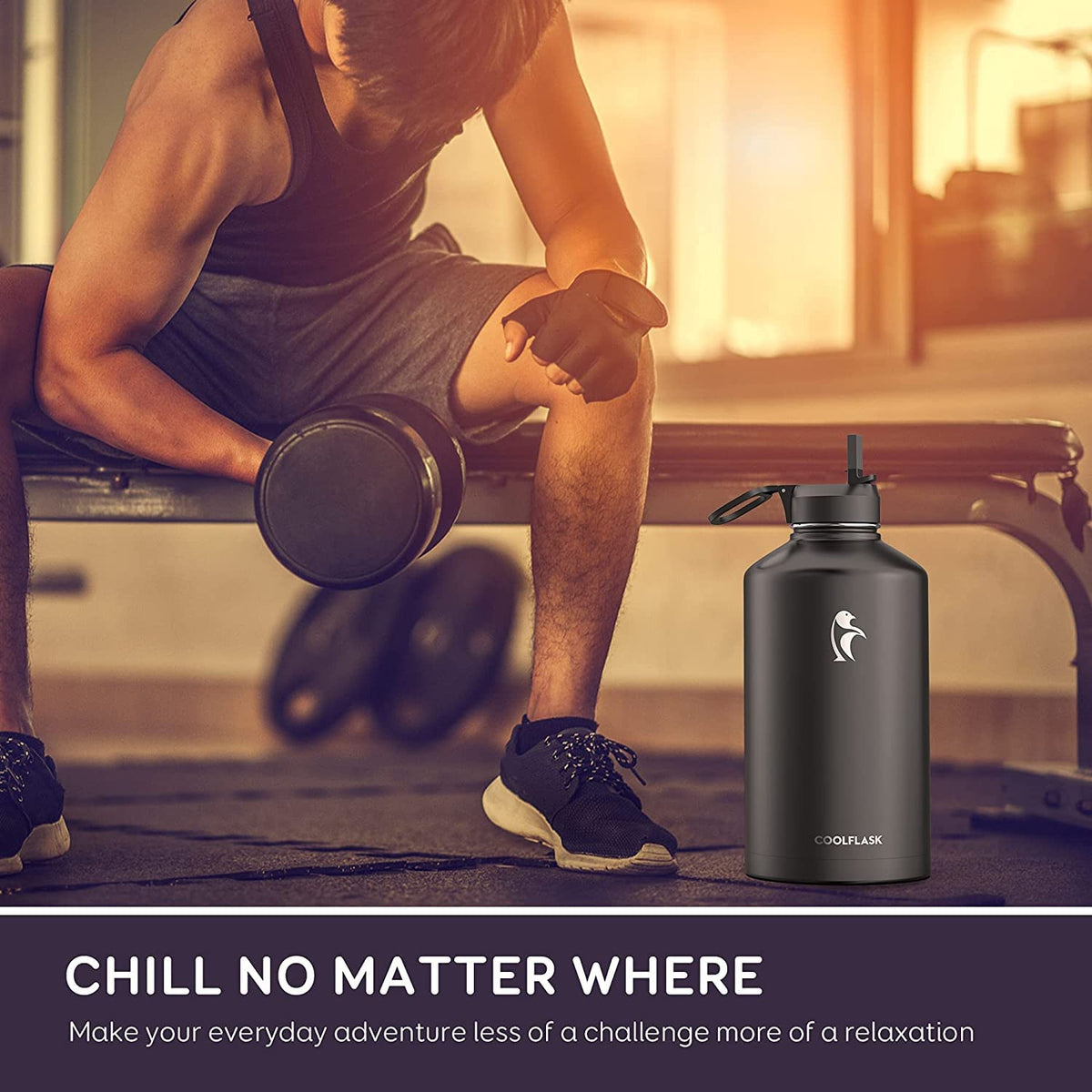 Gallon Water Bottle Insulated with Straw&3 Lids, Coolflask 128 oz Water Jug Large Stainless Steel Metal Vacuum Wide Mouth for Sports, Gym or Office, BPA-Free Keep Cold 48H Hot 24H, Magic Black