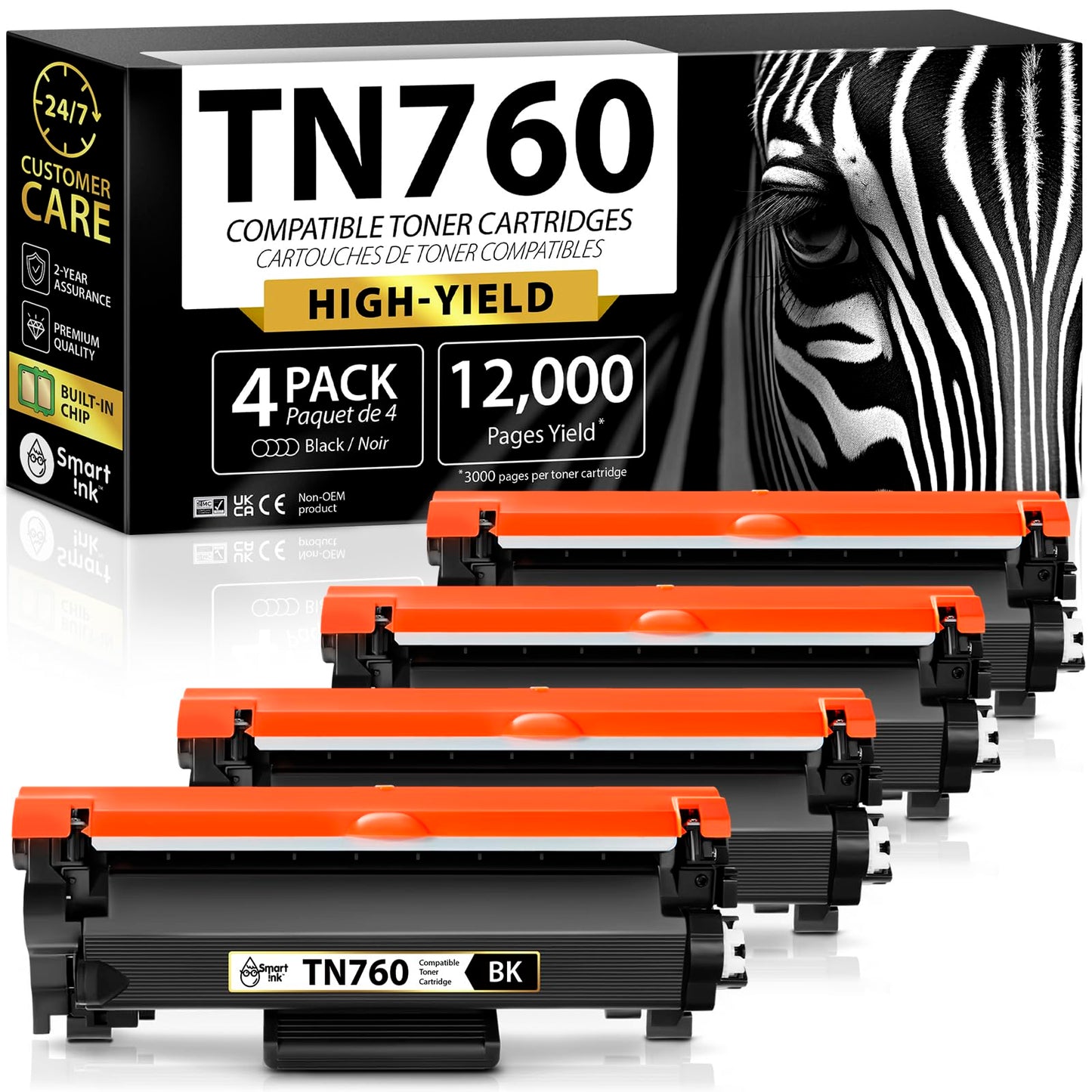 Smart Ink Compatible TN 760 Toner Cartridge Replacement 4 Pack for Brother TN760 TN730 (CHIP) to use with HL-L2390DW DCP-L2550DW HL-L2350DW HL-L2370DW MFC-L2710DW HL-L2370DWXL MFC-L2730DW MFC-L2750DW