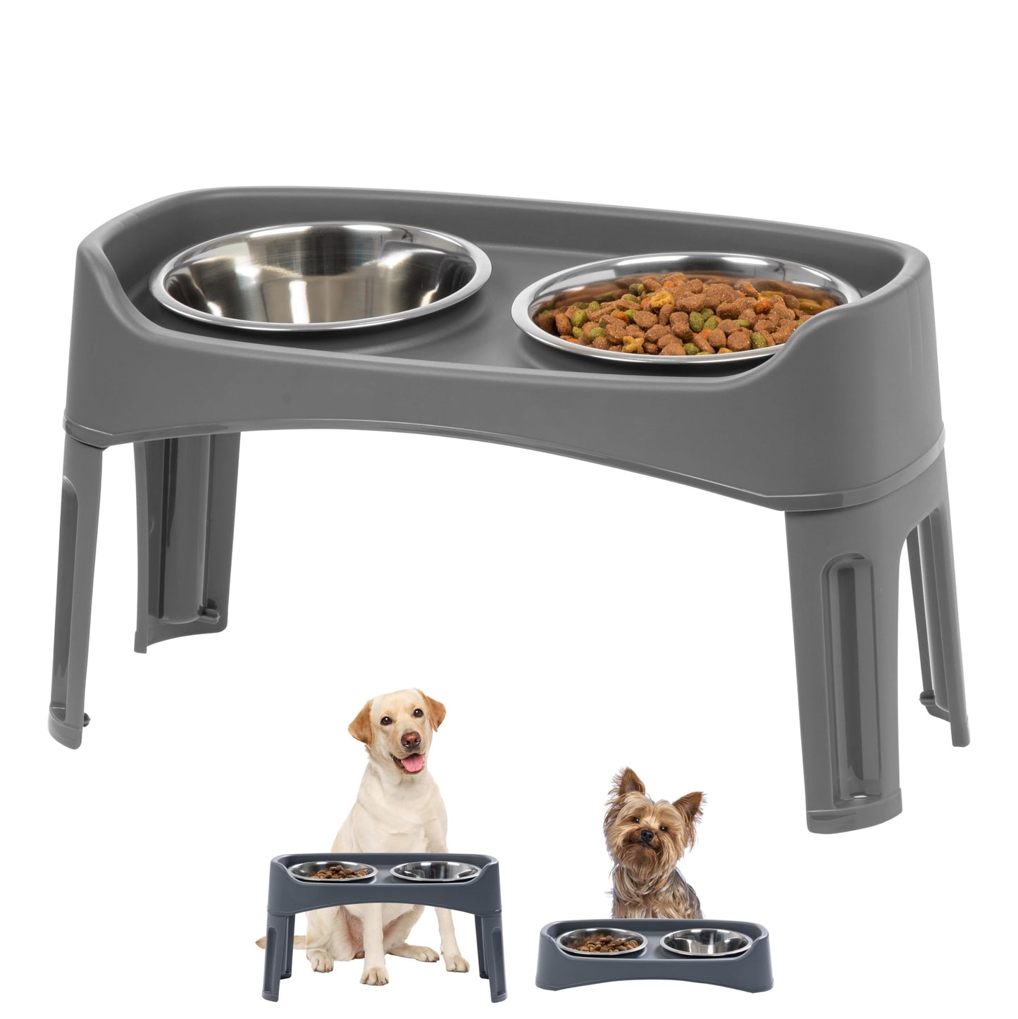 IRIS USA Elevated Dog Bowls, Adjustable Height, 2 Thick 1.9 L Stainless Steel Bowls, Spill-Proof with Raised Outer Rim, Durable Plastic, Easy Assemble, 2 Heights 11.8 or 31.1 cm, Dark Gray