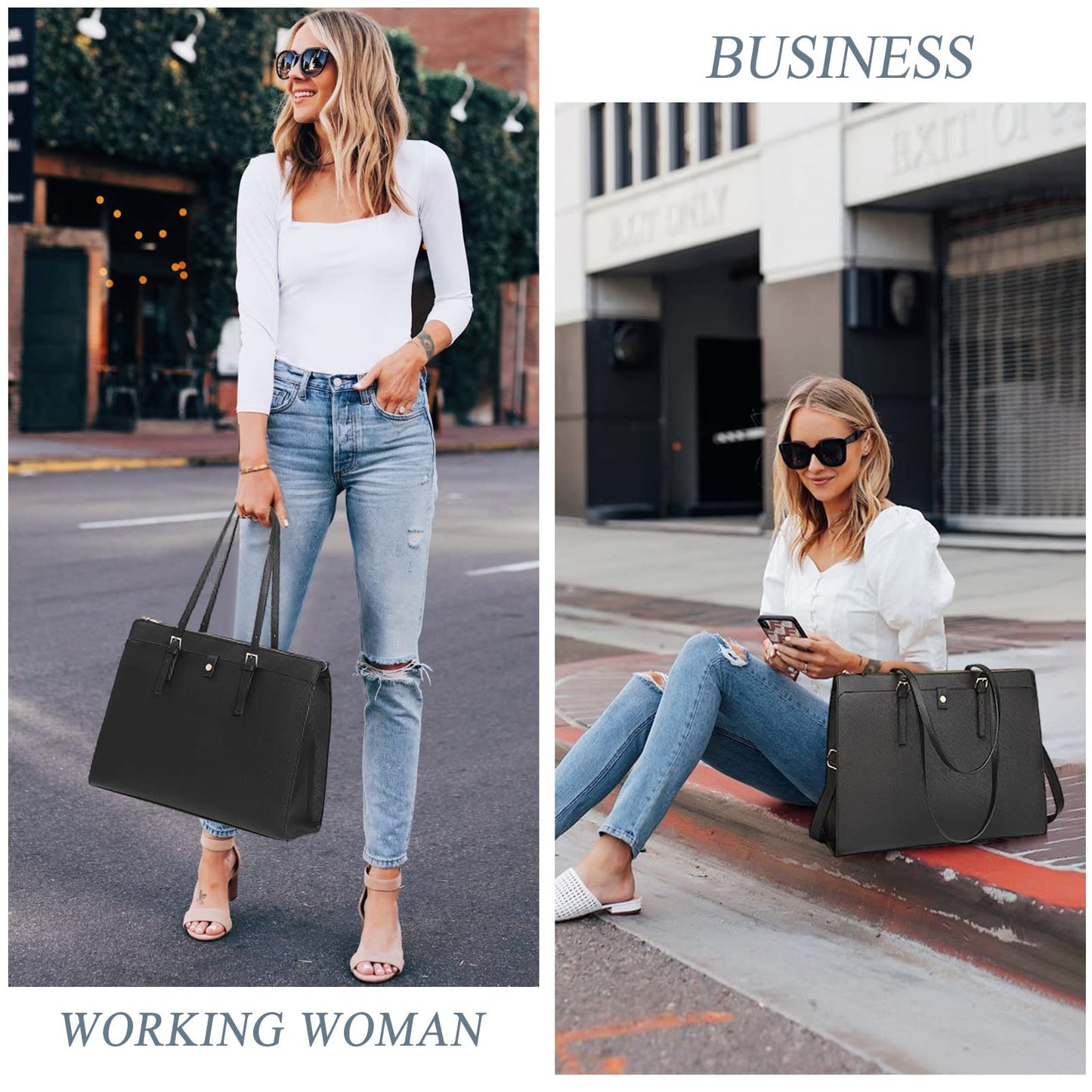 Laptop Bag for Women 15.6 inch Classy Women Tote Leather Computer for Work Large Capacity Waterproof Black Briefcase Business Tote Bags for Women