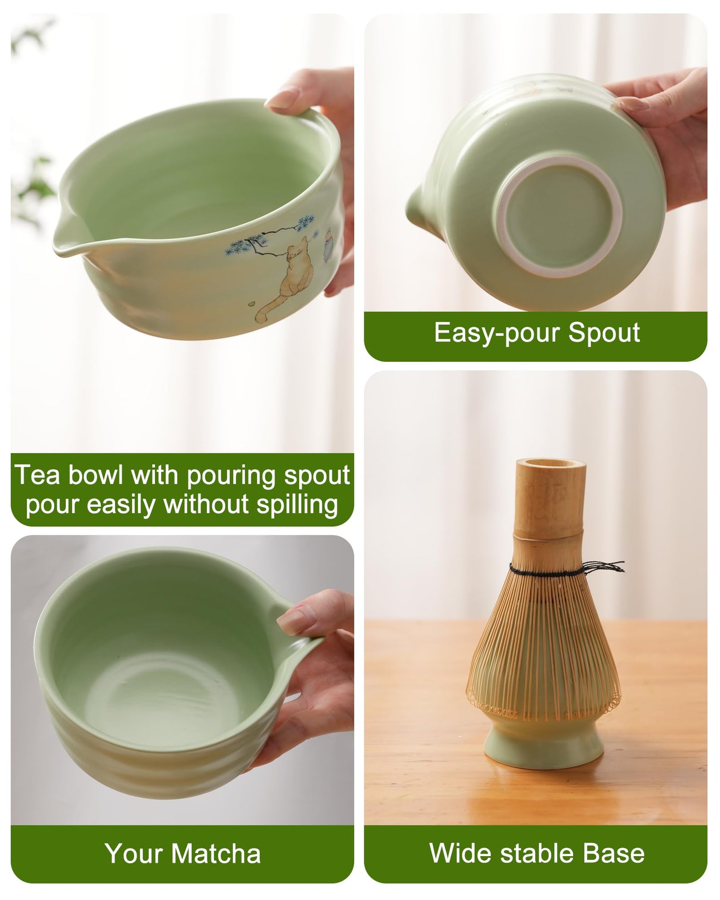 Matcha Whisk Set 7 Pcs – Japanese Tea Ceremony Kit with Bamboo Chasen, Ceramic Bowl, Scoop, Spoon & Sifter, Traditional Matcha Tea Set for Making Authentic Green Tea (Green)