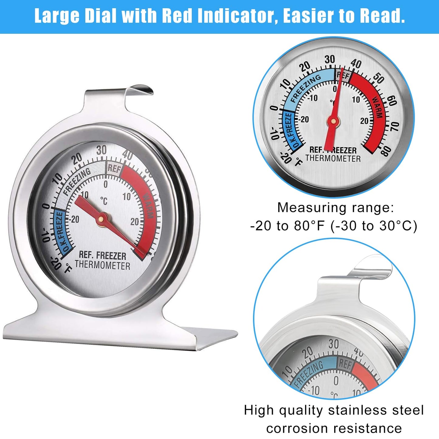 10 Pack Refrigerator Freezer Large Dial Thermometer Classic Series Fridge Freezer Alarm Thermometer Internal Temperature Gauge for Kitchen Refrigerator