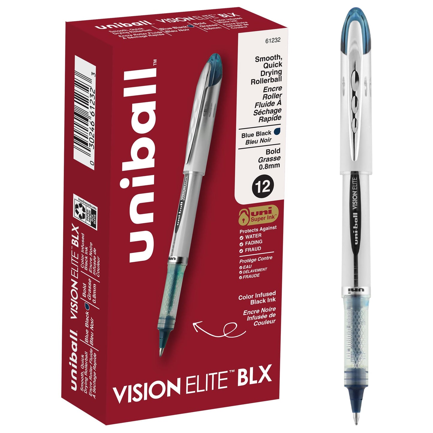 uni-ball VISION ELITE Rollerball, Stick Roller Ball Pen Bold-0.8mm, 12 Pack, Blue/Black Ink (61232)