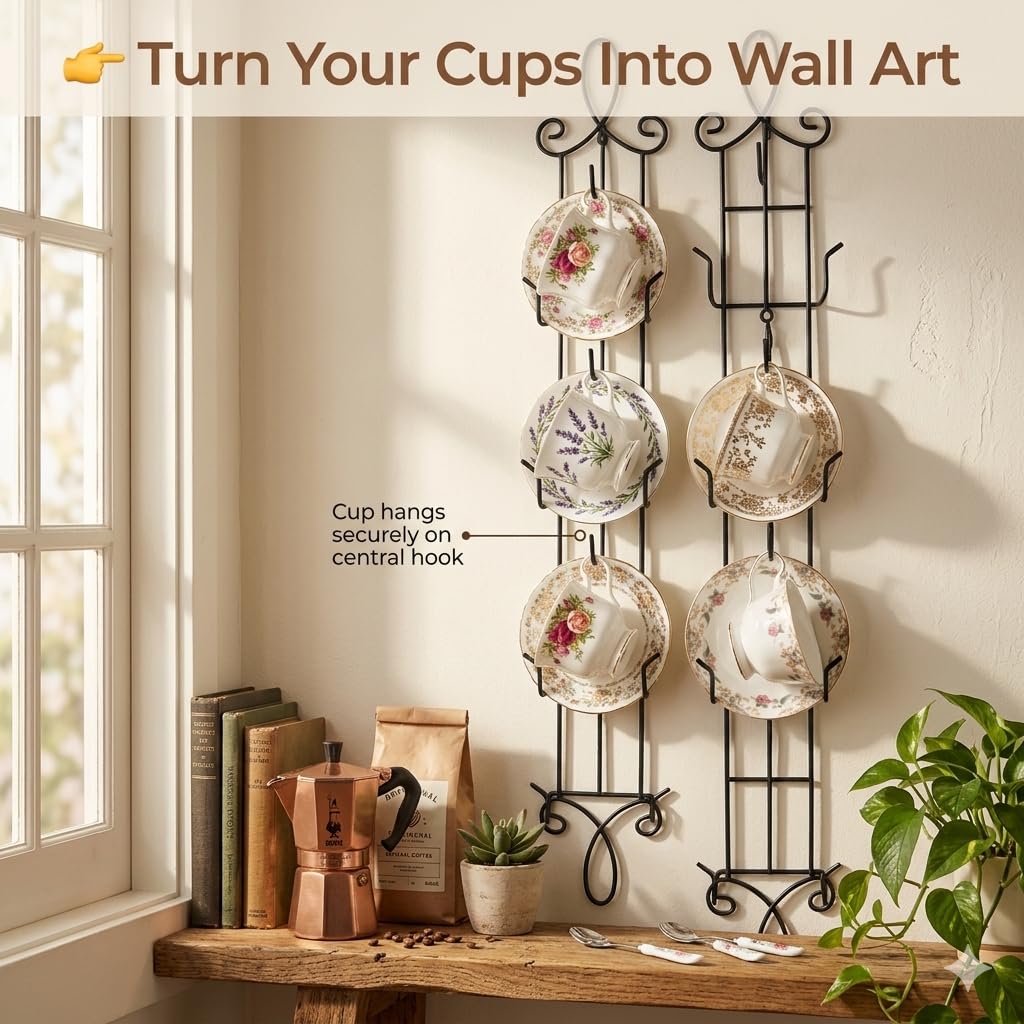 HOHIYA Wall Mounted Tea Cup Display Rack 2 Pack Vertical Metal Teacup and Saucer Holder for China Cups Coffee Mugs and Small Plates Kitchen Storage and Display Organizer Black