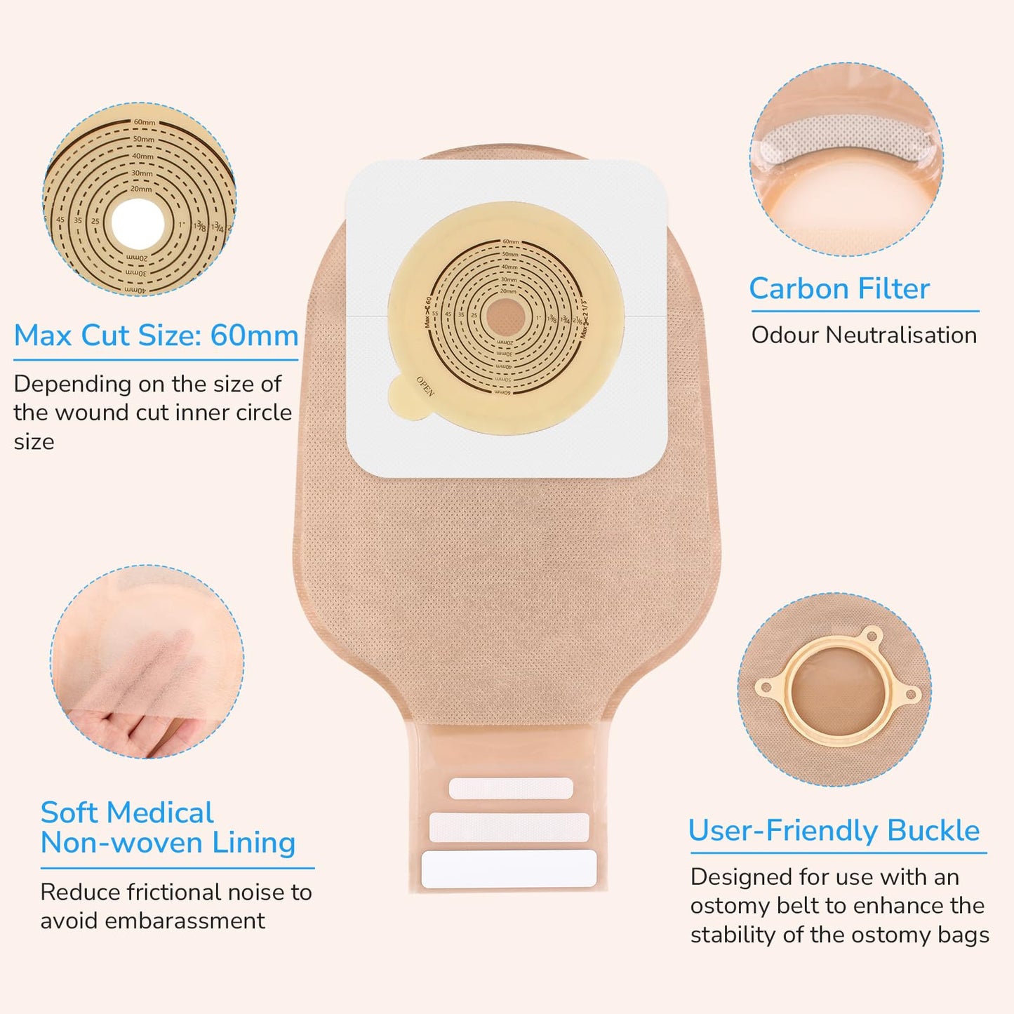 30 PCS Ostomy Supplies – 20 PCS Colostomy Bags + 10 PCS Skin Barriers, Two-Piece Drainable Ostomy Pouches, Cut-to-Fit, 60mm Max, for Ileostomy, Urostomy, Stoma Care