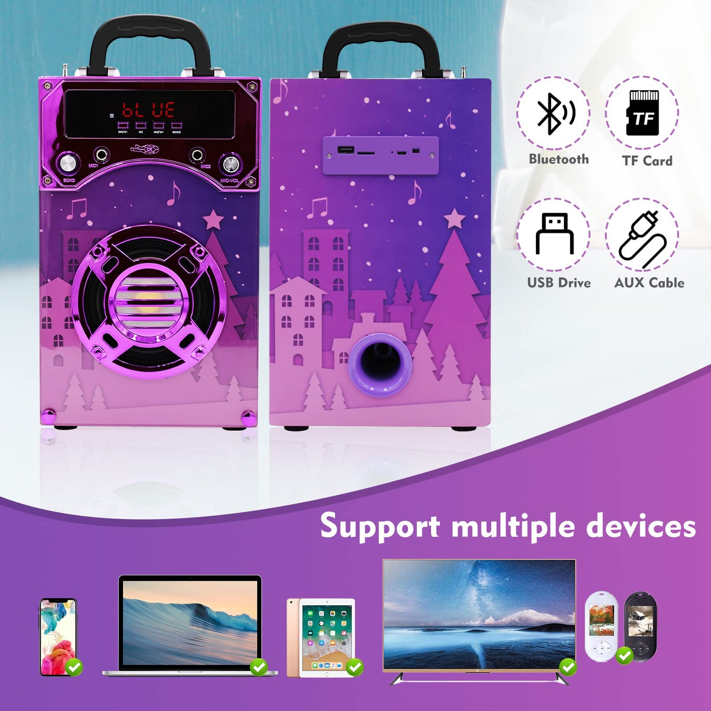 IndeCool Kids Bluetooth Karaoke Speaker with 2 Microphones, Remote Control Speaker Portable Karaoke Machine for Kids Adult Party Gift (Purple)